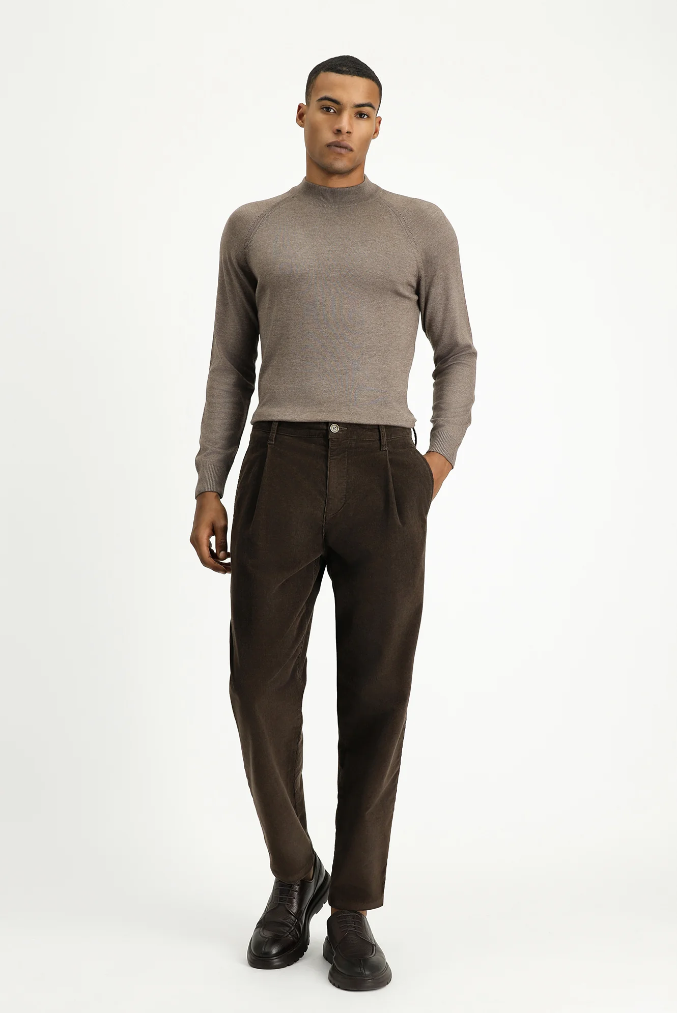 Açık Kahve Melanj Yarım Balıkçı Yaka Slim Fit Dar Kesim Pamuklu Triko Kazak