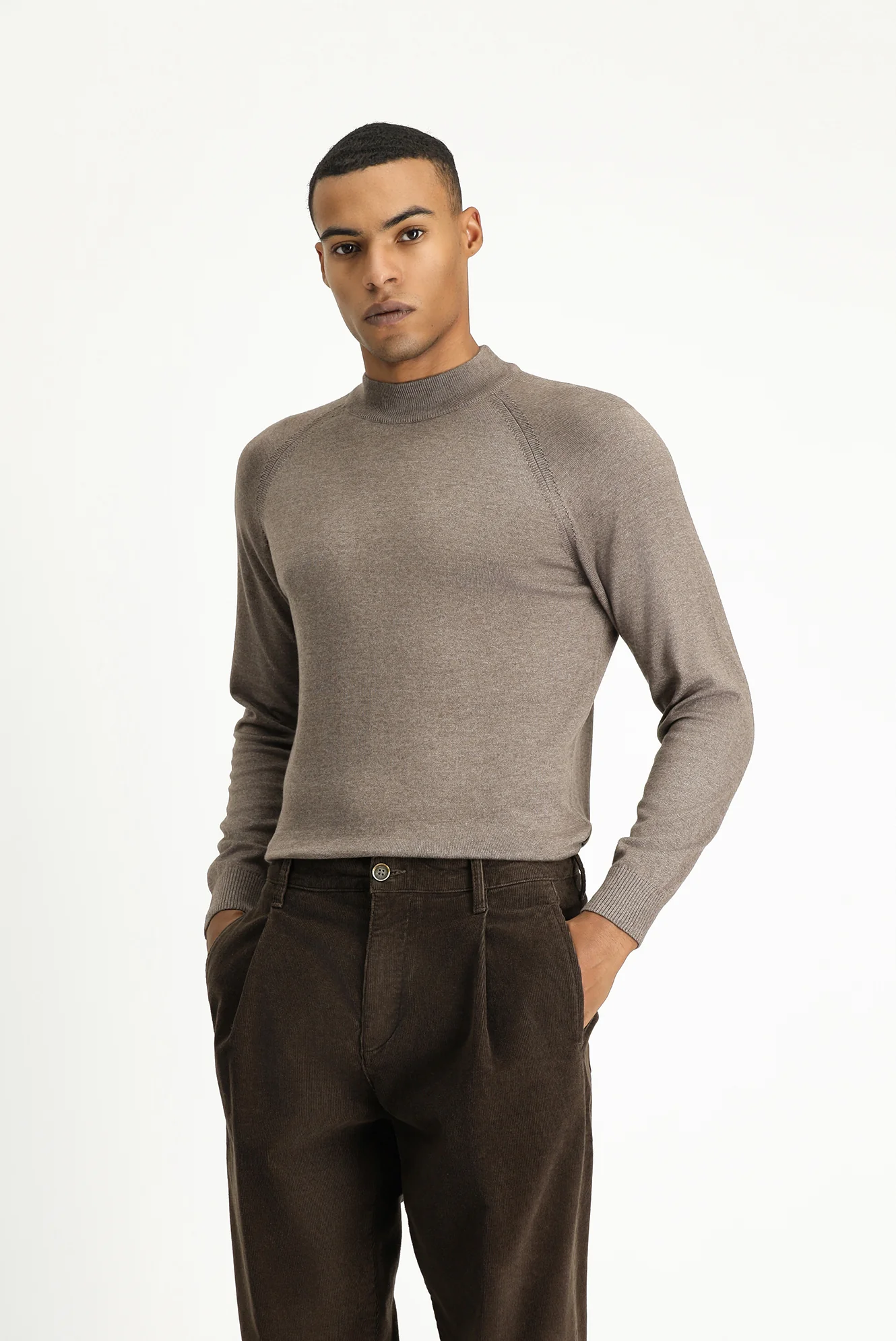 Açık Kahve Melanj Yarım Balıkçı Yaka Slim Fit Dar Kesim Pamuklu Triko Kazak - Image 2