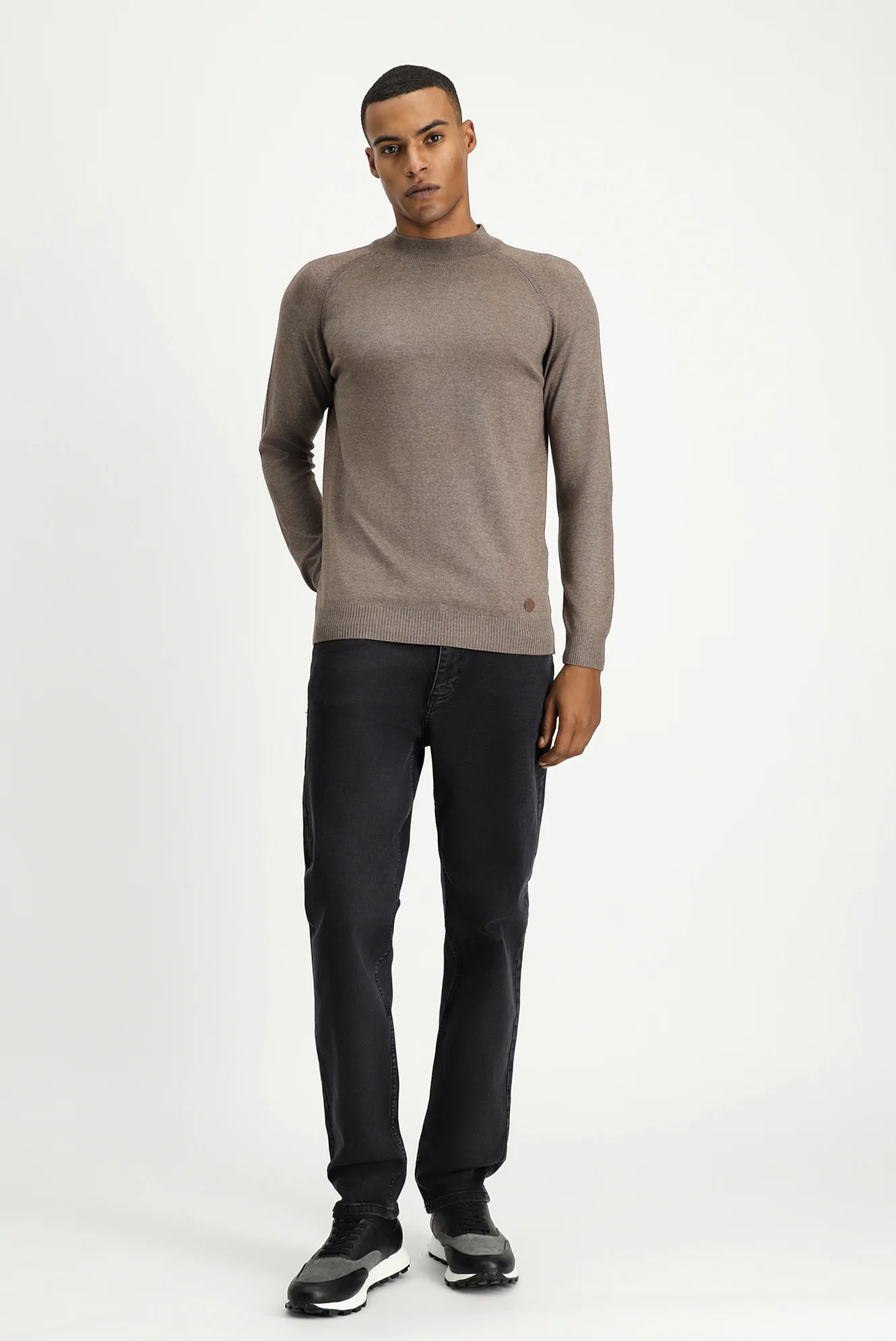 Açık Kahve Melanj Yarım Balıkçı Yaka Slim Fit Dar Kesim Pamuklu Triko Kazak - Image 2