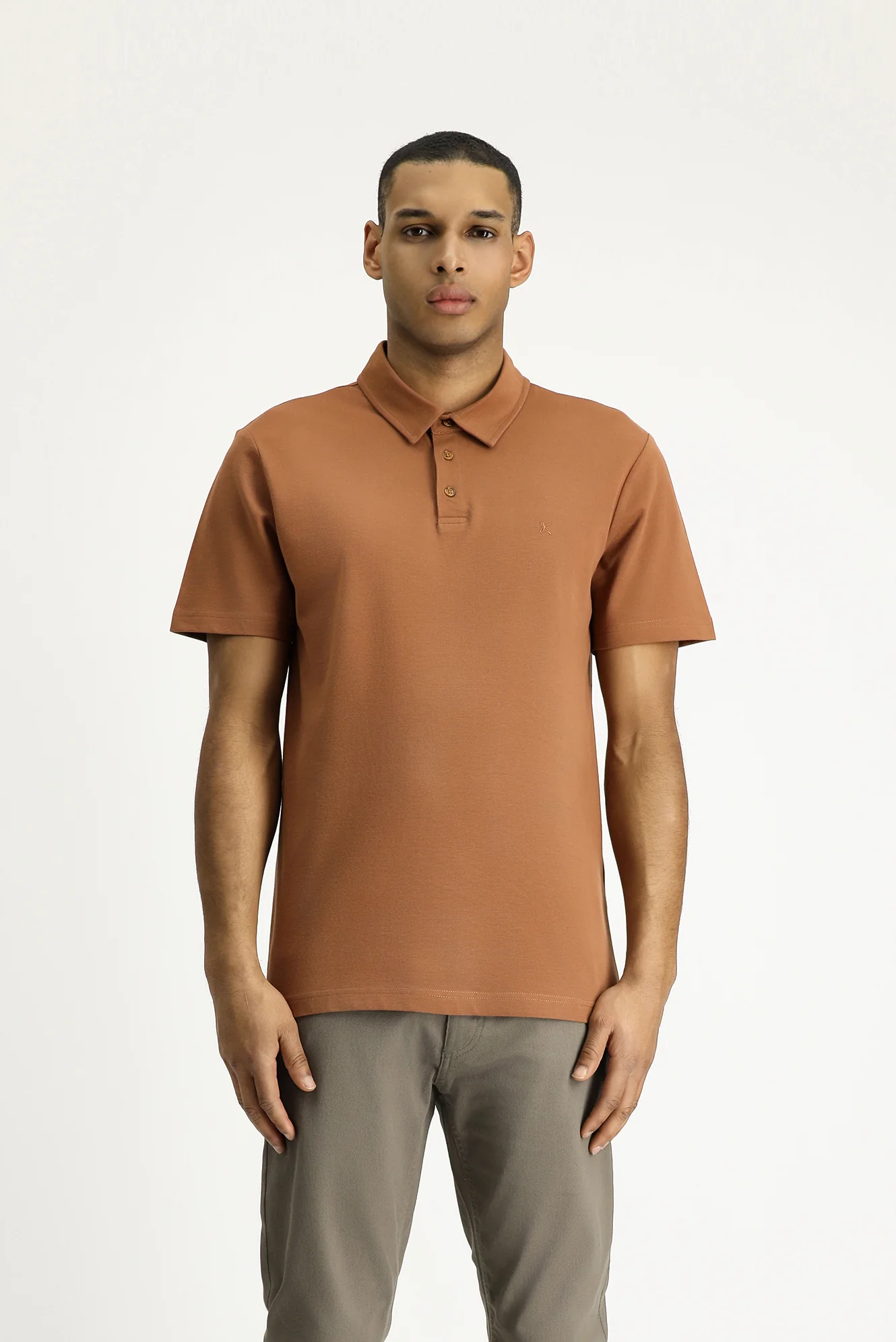 Açık Kahve  Polo Yaka Slim Fit Dar Kesim Nakışlı Pamuk Tişört - Image 3