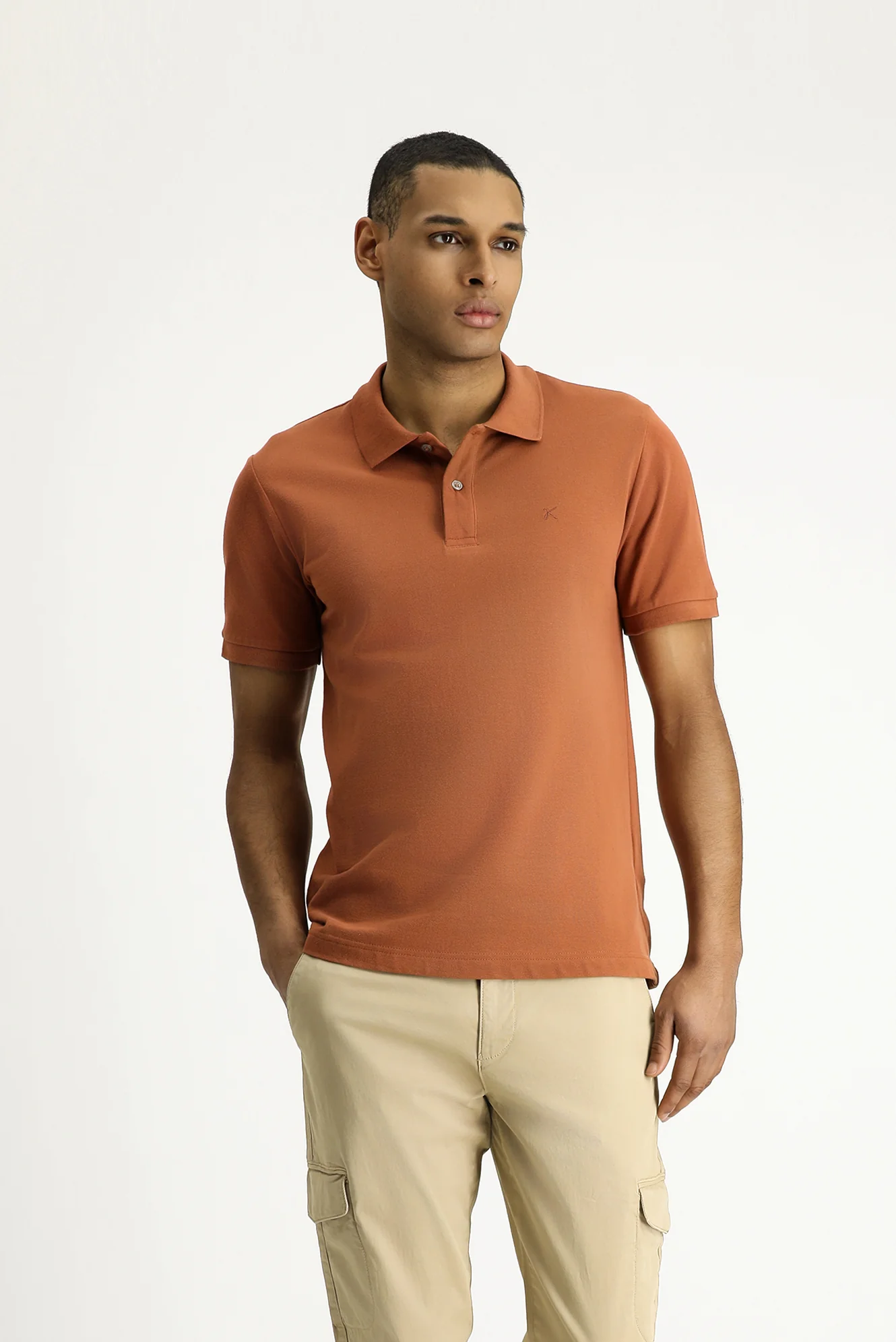 Açık Kahve Polo Yaka Slim Fit Dar Kesim Nakışlı Pamuk Tişört - Image 3