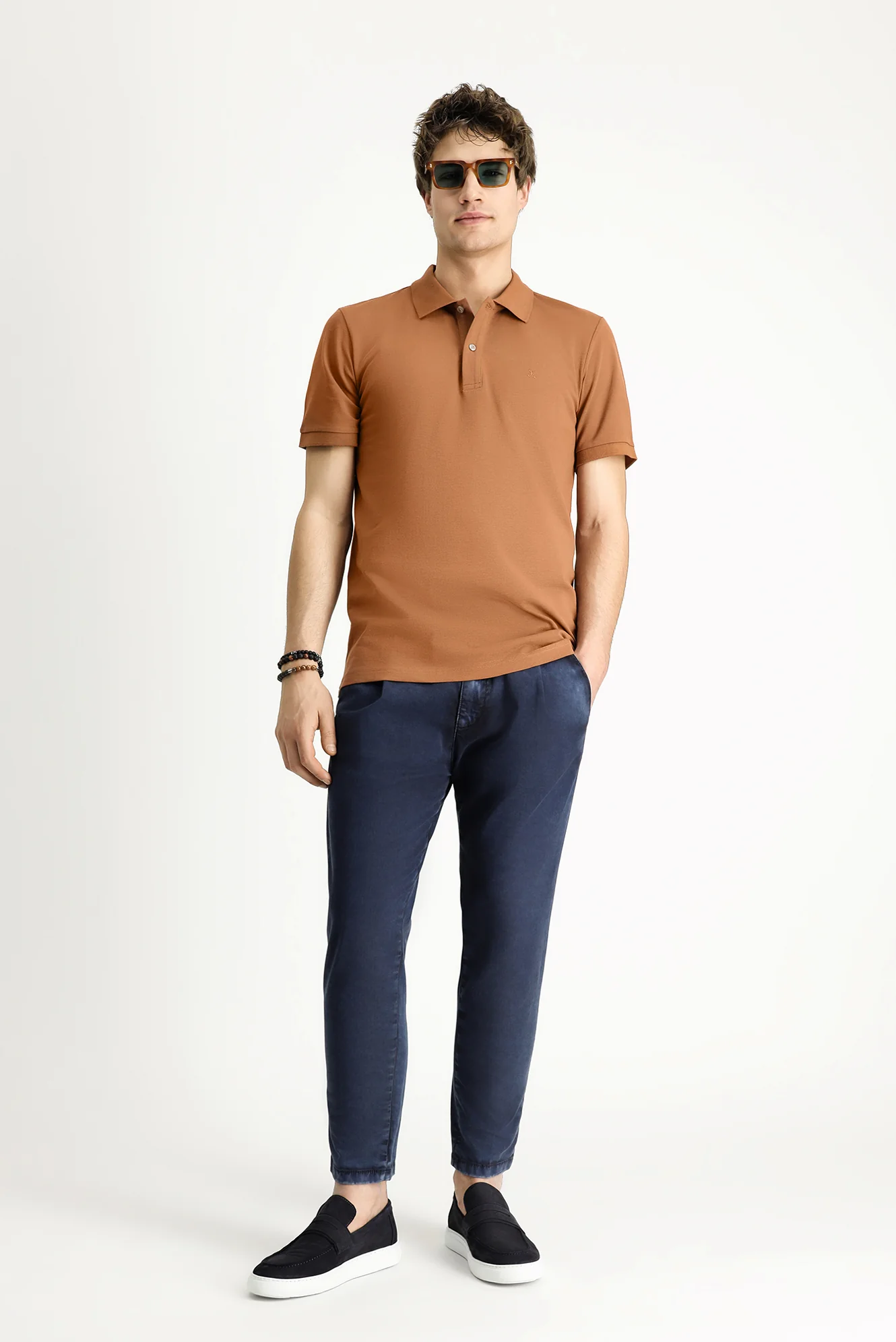 Açık Kahve  Polo Yaka Slim Fit Dar Kesim Nakışlı Pamuk Tişört - Image 2