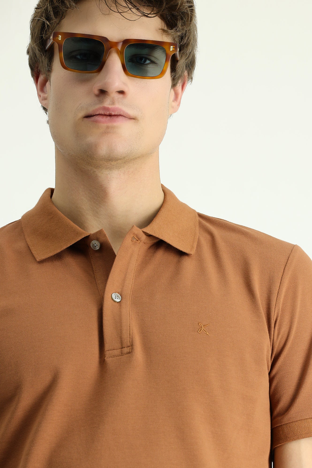 Açık Kahve  Polo Yaka Slim Fit Dar Kesim Nakışlı Pamuk Tişört - Image 3