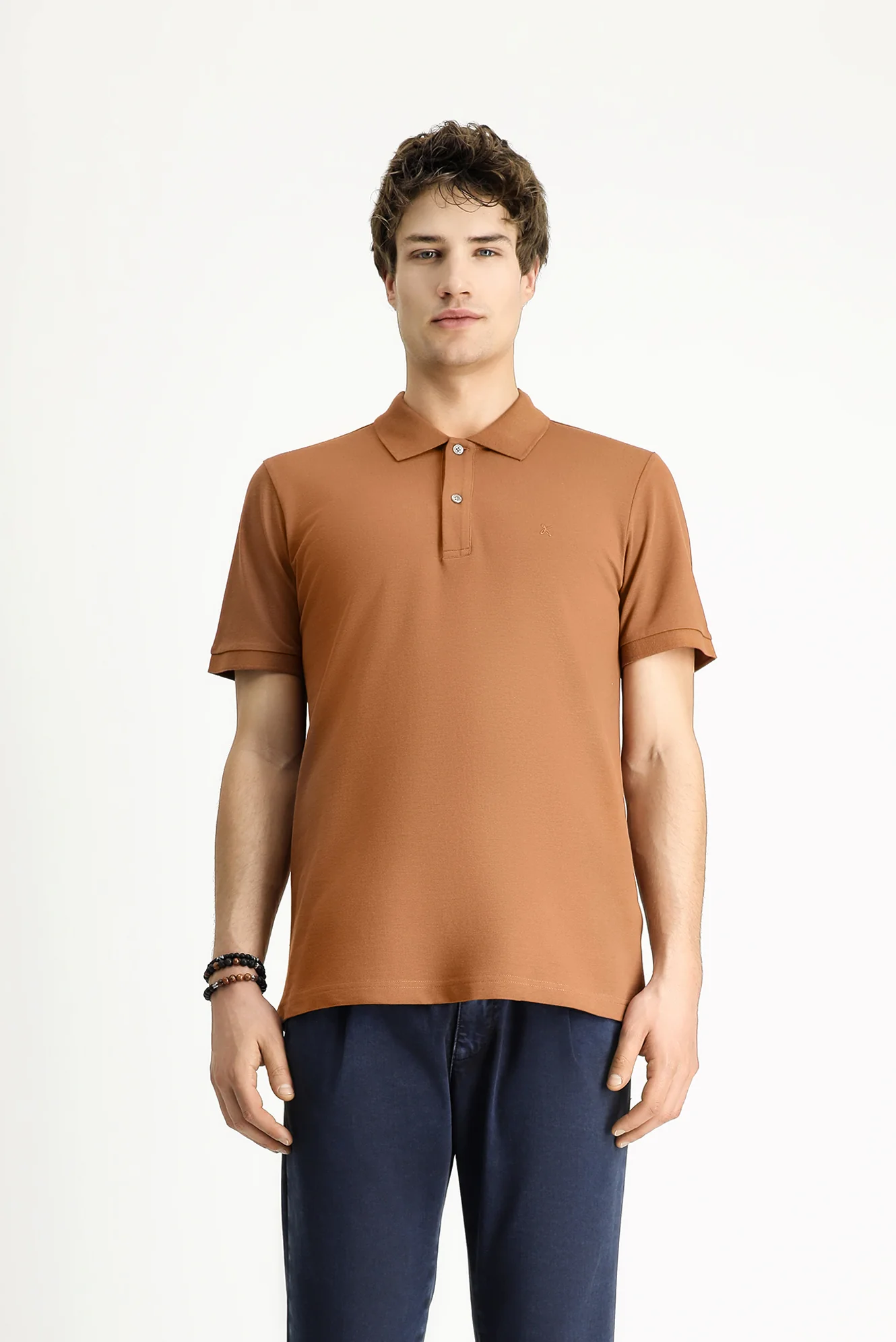 Açık Kahve  Polo Yaka Slim Fit Dar Kesim Nakışlı Pamuk Tişört - Image 4