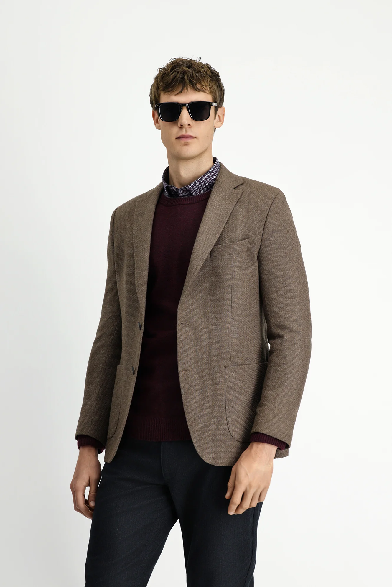 Açık Kahve 7 Drop Slim Fit Dar Kesim Desenli Spor Yünlü Ceket - Image 4