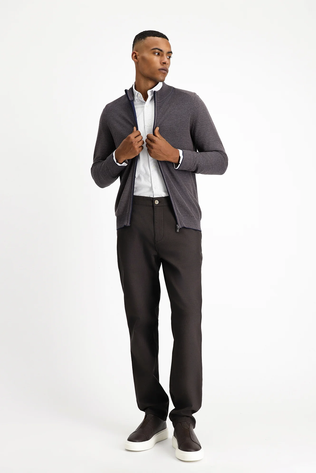 Açık Kahve  Slim Fit Dar Kesim Desenli Fermuarlı Pamuklu Triko Hırka - Image 2