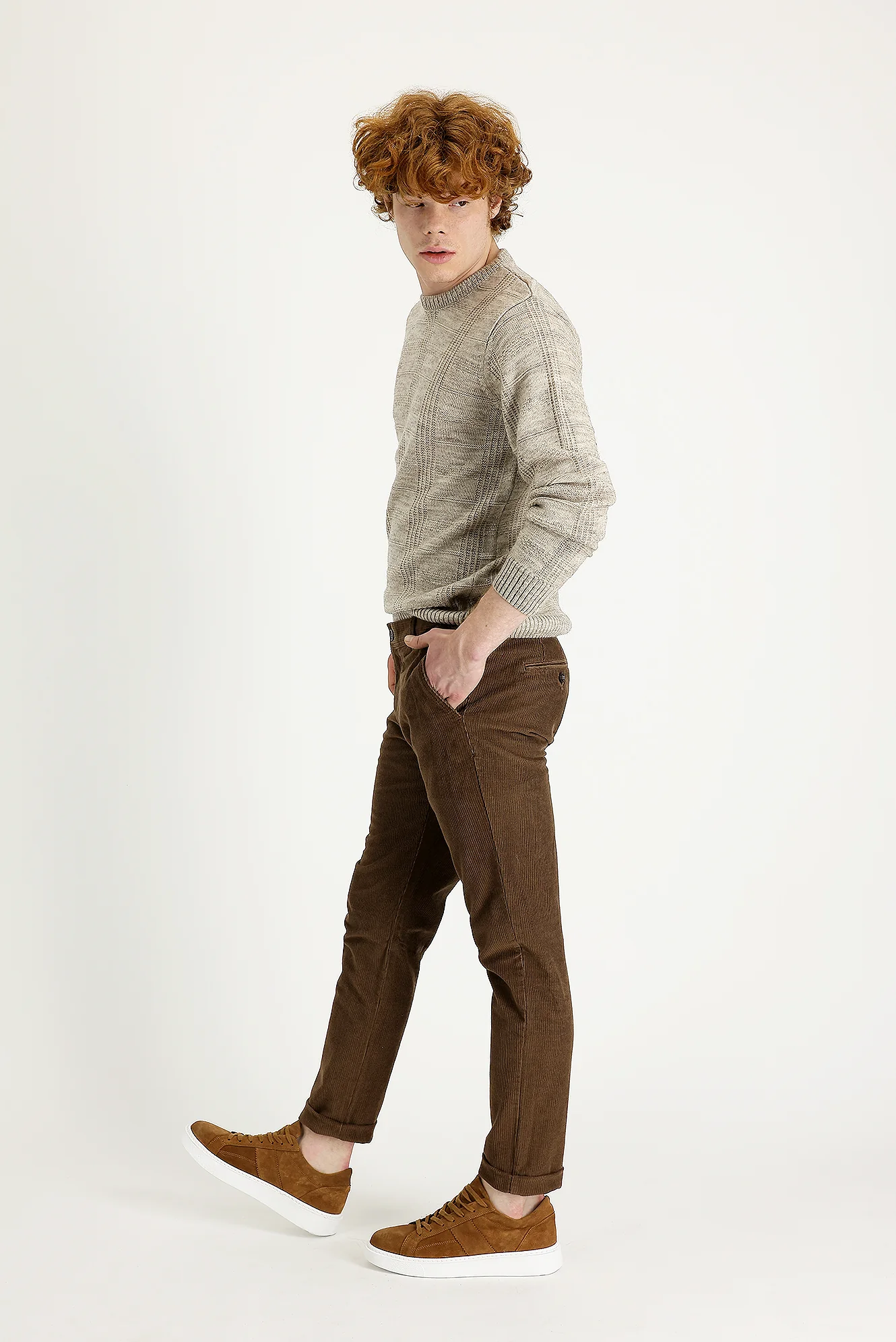 Açık Kahve  Slim Fit Dar Kesim Likralı Kadife Pantolon - Image 3