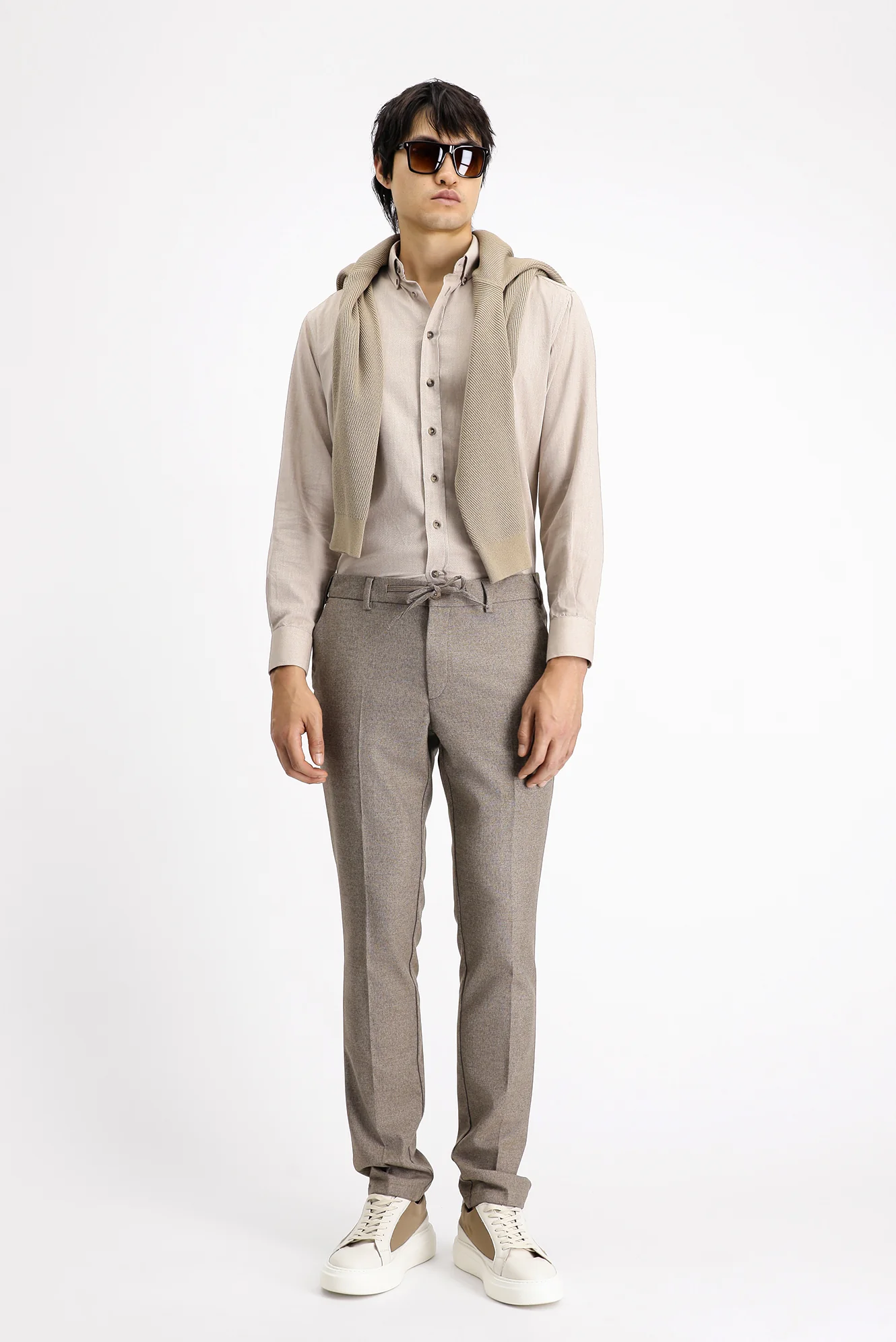 Açık Kahve  7 Drop Super Slim Fit Eksra Dar Kesim Beli Lastikli İpli Desenli Likralı Klasik Kumaş Pantolon
