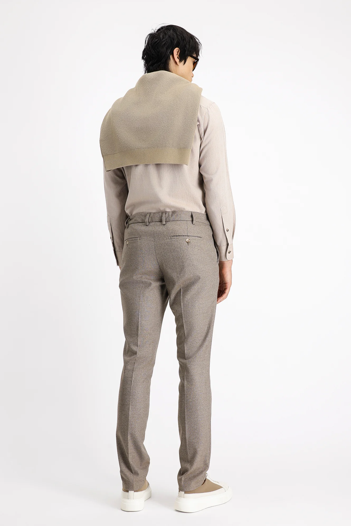 Açık Kahve  7 Drop Super Slim Fit Eksra Dar Kesim Beli Lastikli İpli Desenli Likralı Klasik Kumaş Pantolon - Image 4