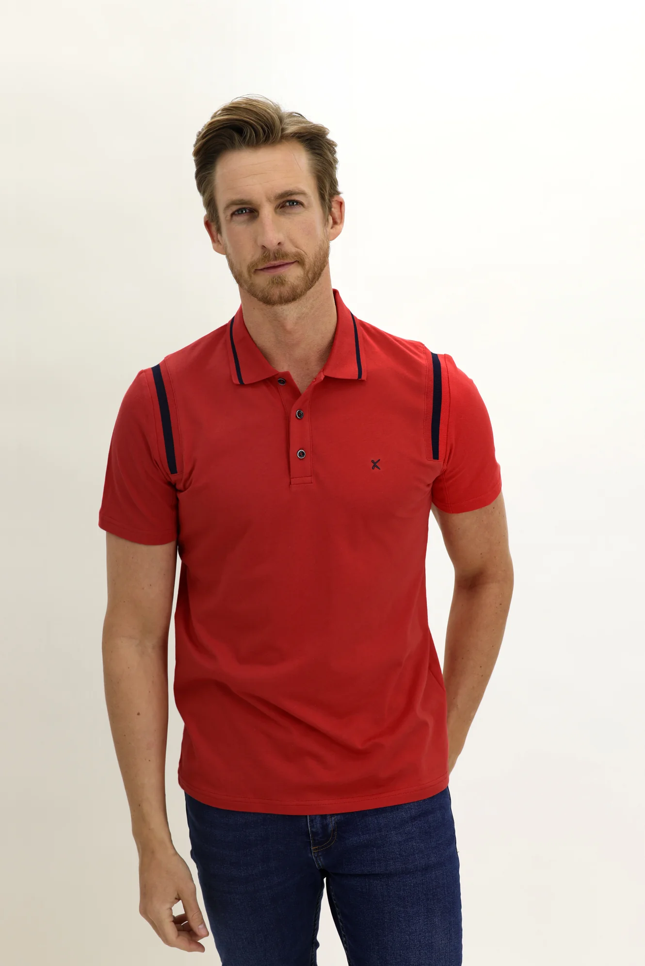 Açık Kırmızı Polo Yaka Slim Fit Dar Kesim Desenli Pamuk Tişört - Image 2