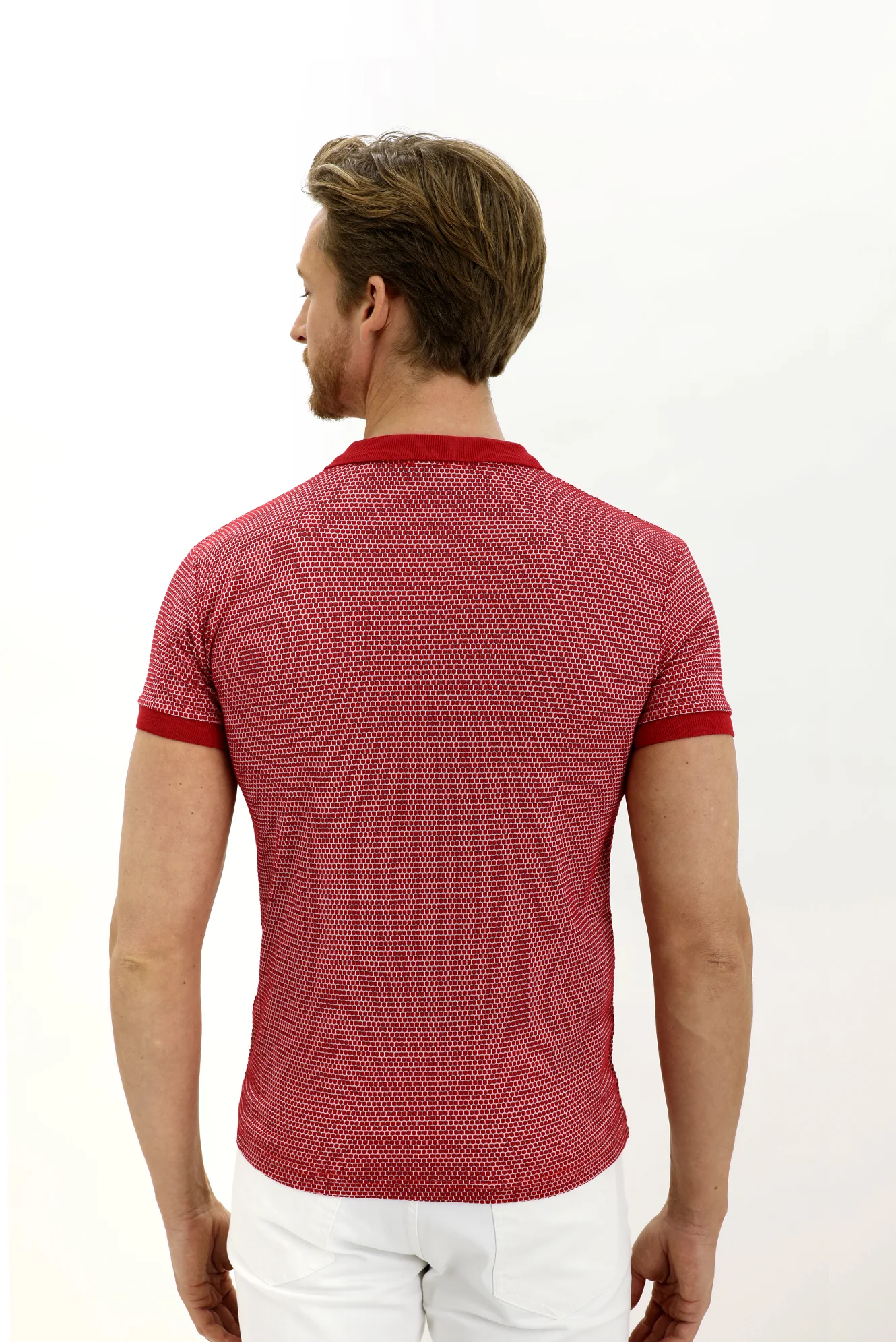 Açık Kırmızı Polo Yaka Slim Fit Dar Kesim Desenli Tişört - Image 4