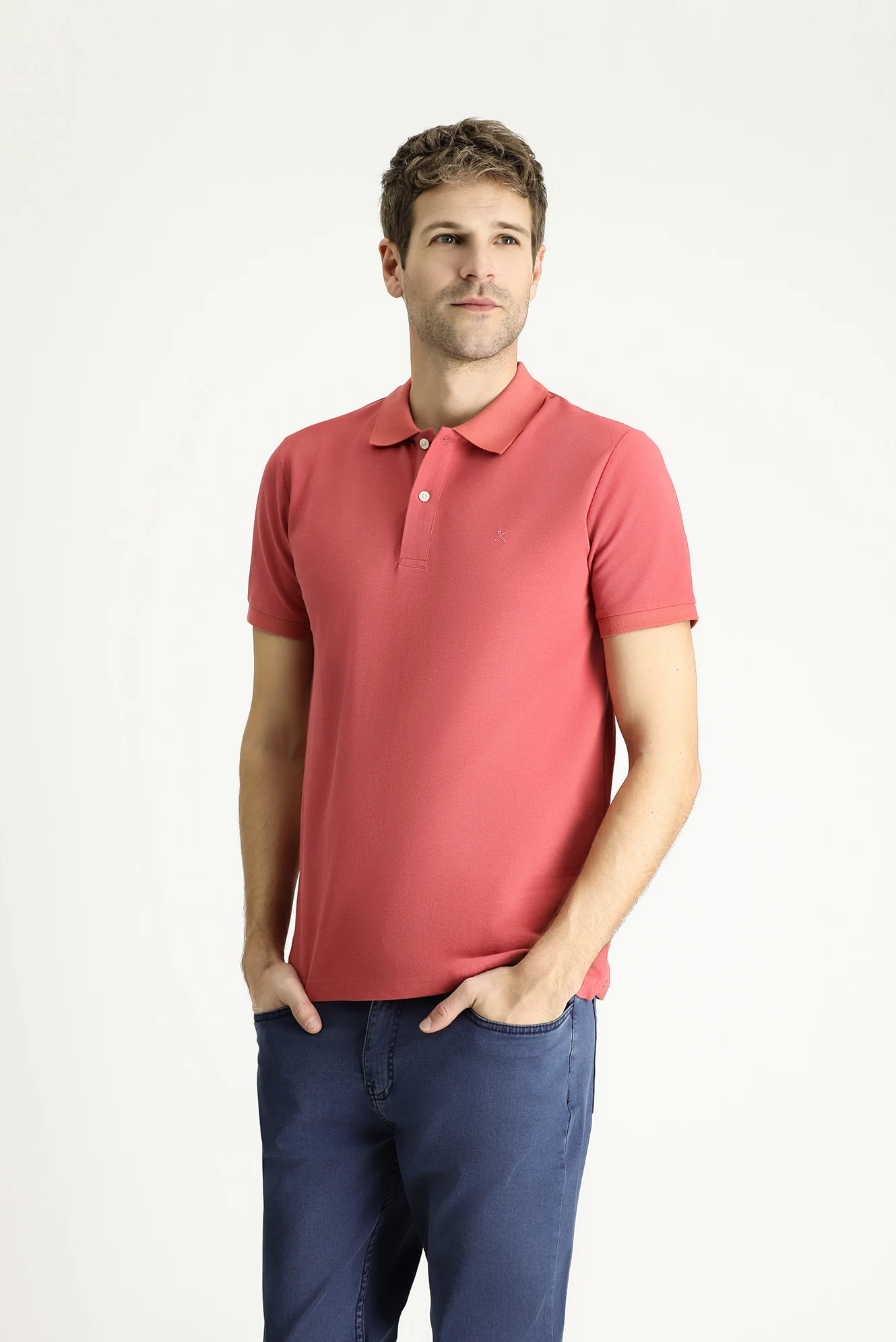 Açık Kırmızı Polo Yaka Slim Fit Dar Kesim Nakışlı Pamuk Tişört