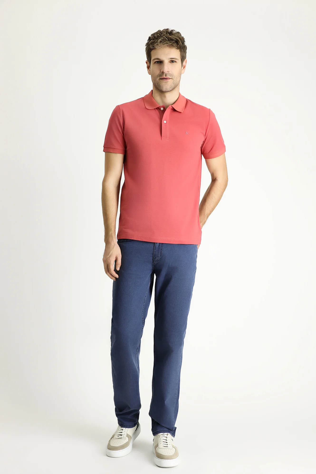 Açık Kırmızı Polo Yaka Slim Fit Dar Kesim Nakışlı Pamuk Tişört - Image 2