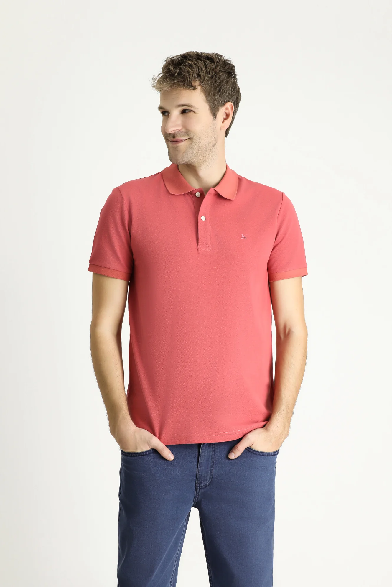 Açık Kırmızı Polo Yaka Slim Fit Dar Kesim Nakışlı Pamuk Tişört - Image 3