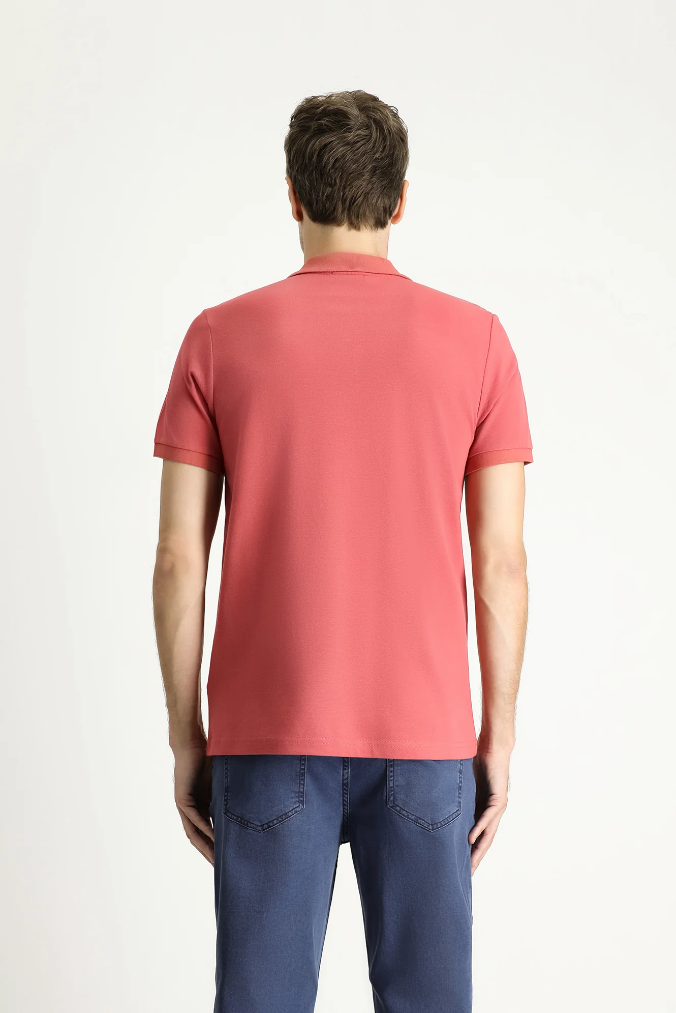 Açık Kırmızı Polo Yaka Slim Fit Dar Kesim Nakışlı Pamuk Tişört - Image 4