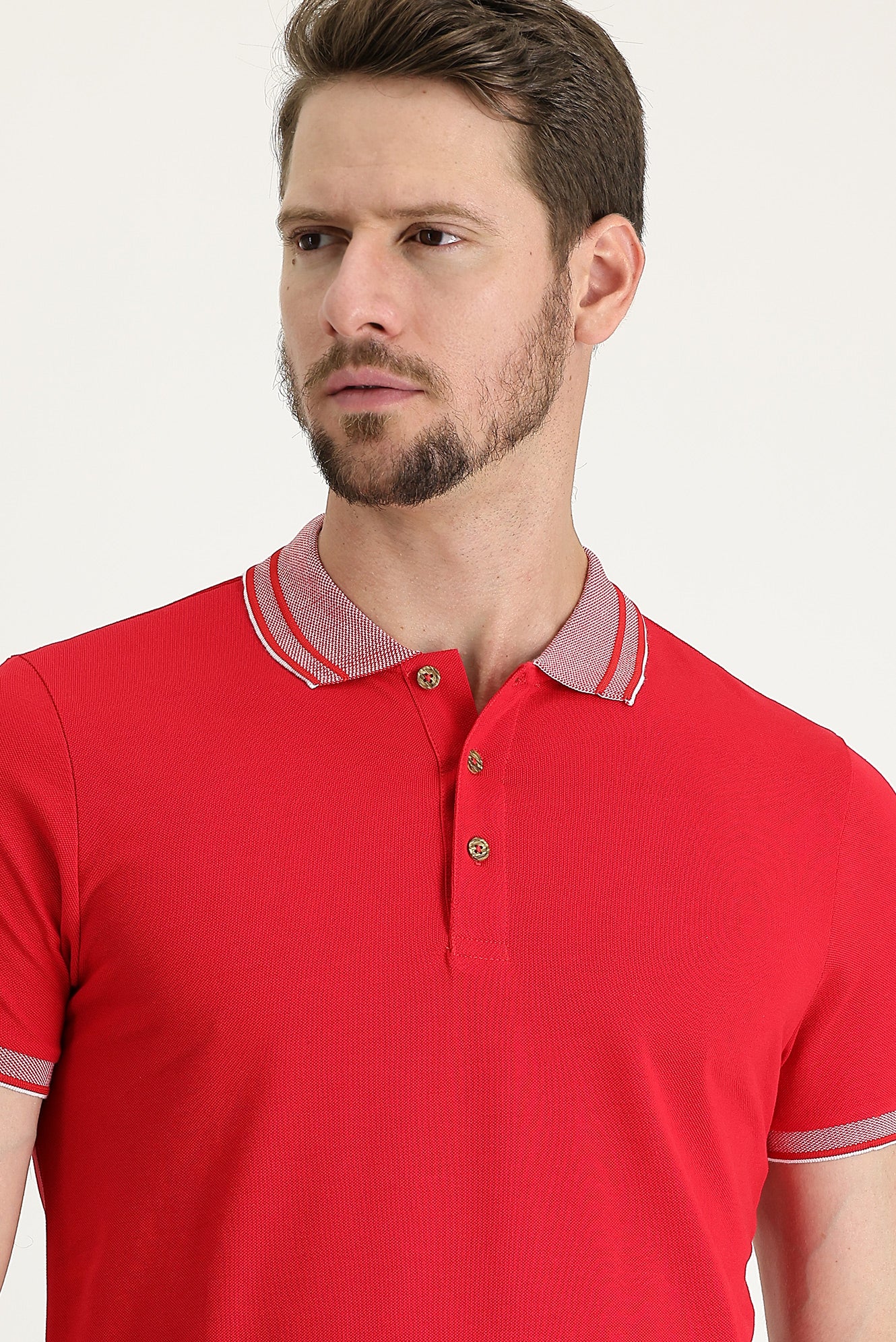 Açık Kırmızı Polo Yaka Slim Fit Dar Kesim Pamuk Tişört - Image 2
