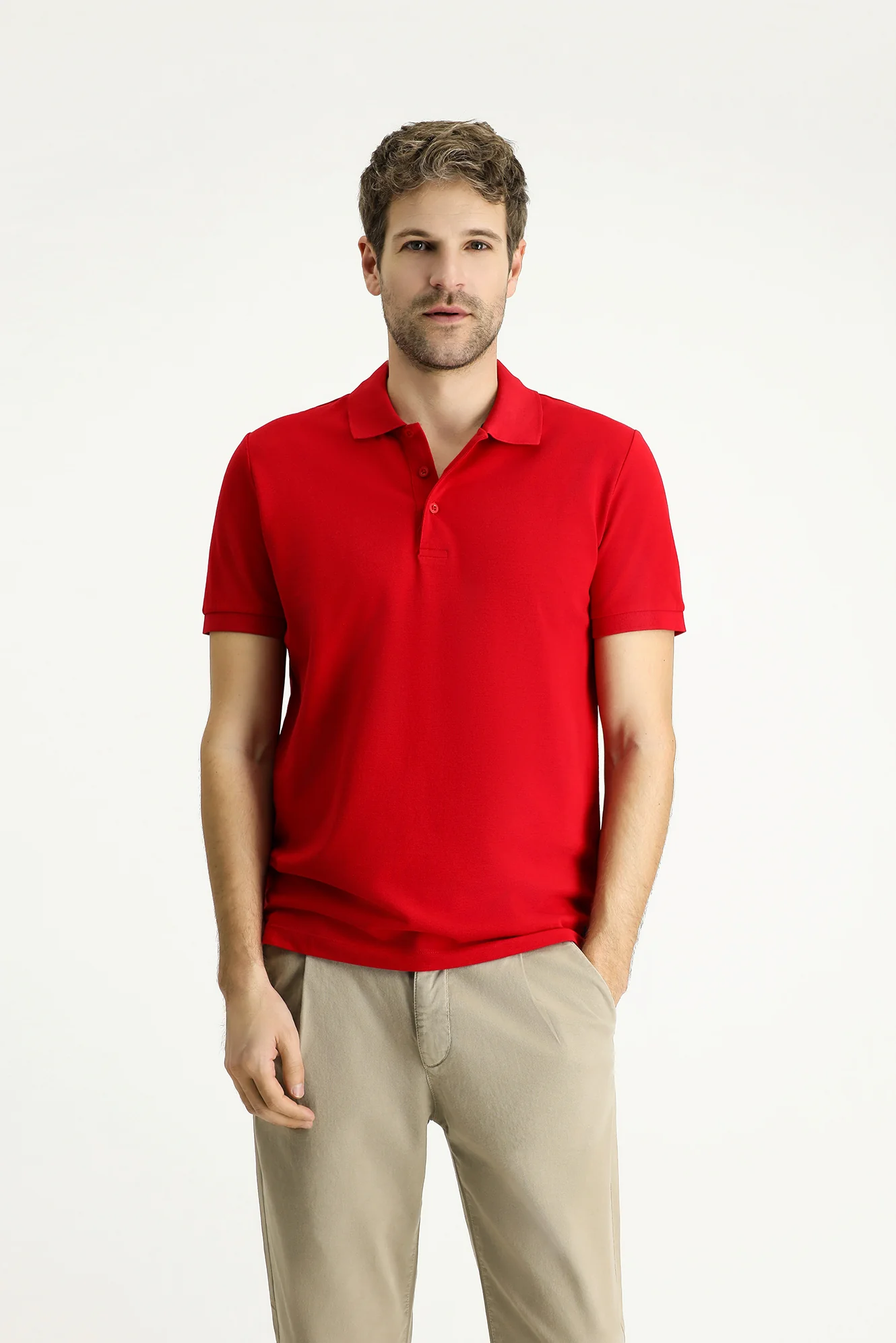 Açık Kırmızı Slim Fit Dar Kesim Nakışlı Pamuk Polo Yaka Tişört