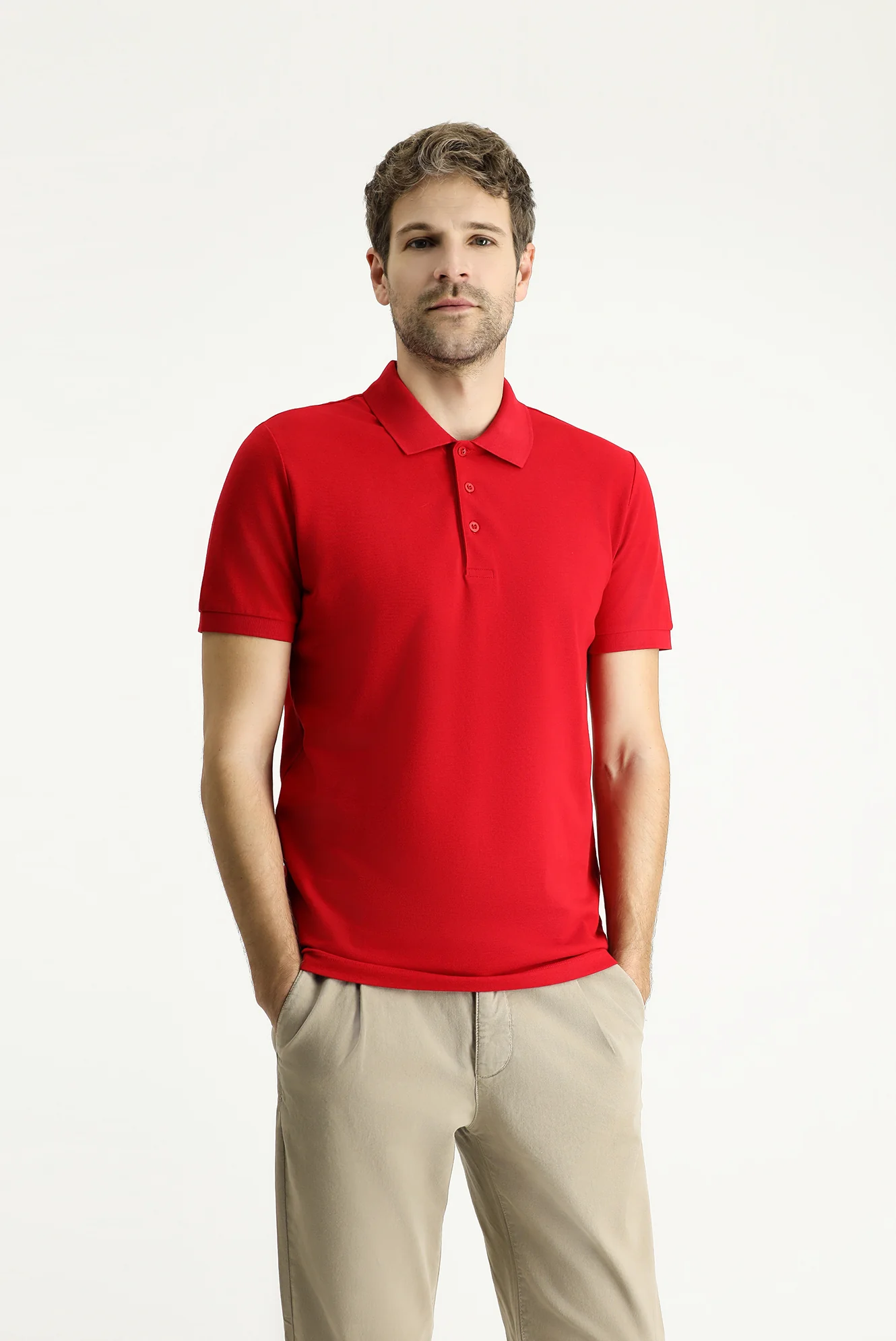 Açık Kırmızı Slim Fit Dar Kesim Nakışlı Pamuk Polo Yaka Tişört - Image 3