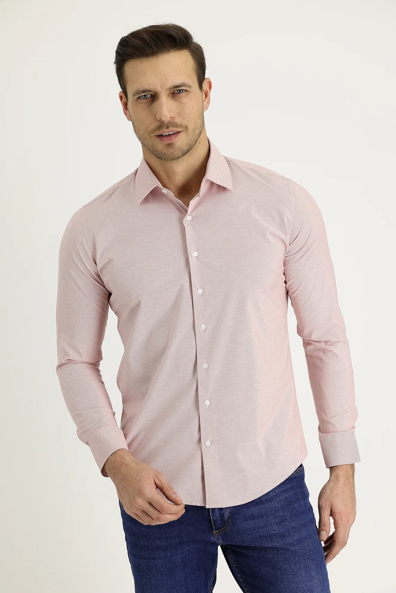 Açık Kırmızı Uzun Kol Slim Fit Dar Kesim Klasik Desenli Pamuklu Kolay Ütülenebilir Gömlek
