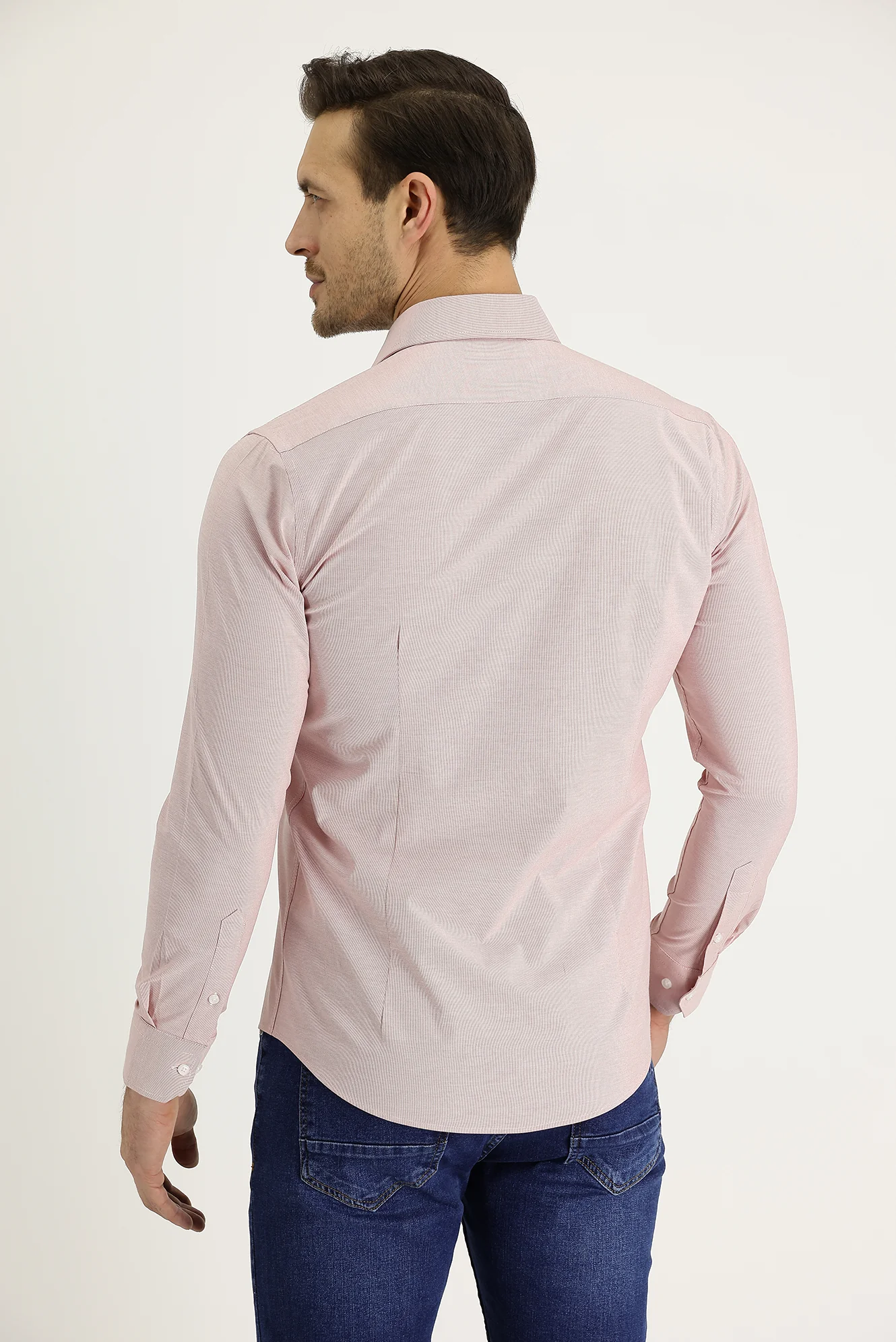 Açık Kırmızı Uzun Kol Slim Fit Dar Kesim Klasik Desenli Pamuklu Kolay Ütülenebilir Gömlek - Image 3