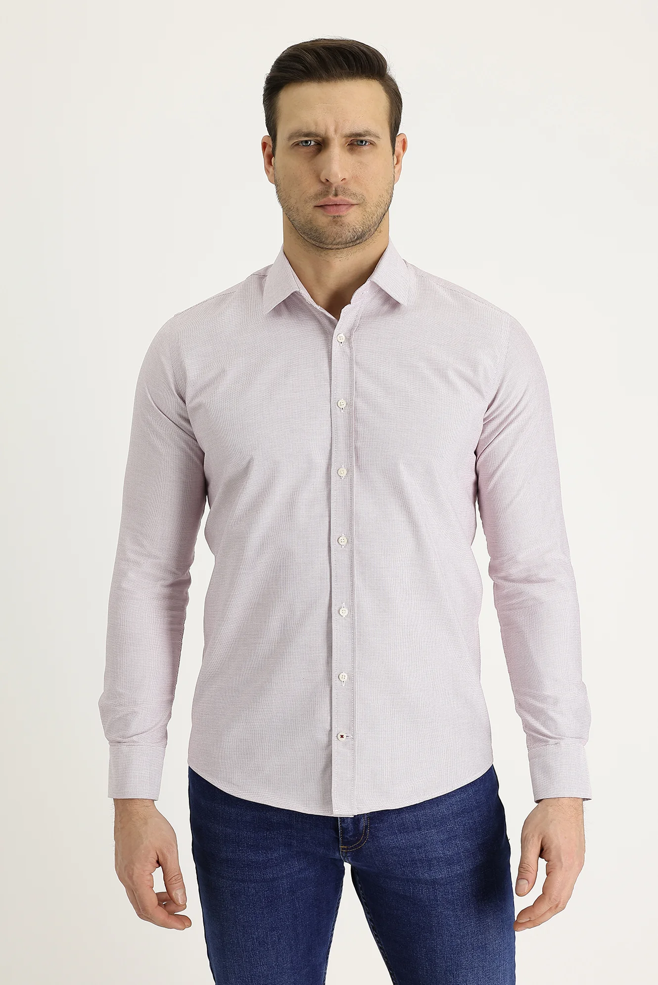 Açık Kırmızı Uzun Kol Slim Fit Dar Kesim Klasik Desenli Pamuklu Kolay Ütülenebilir Gömlek
