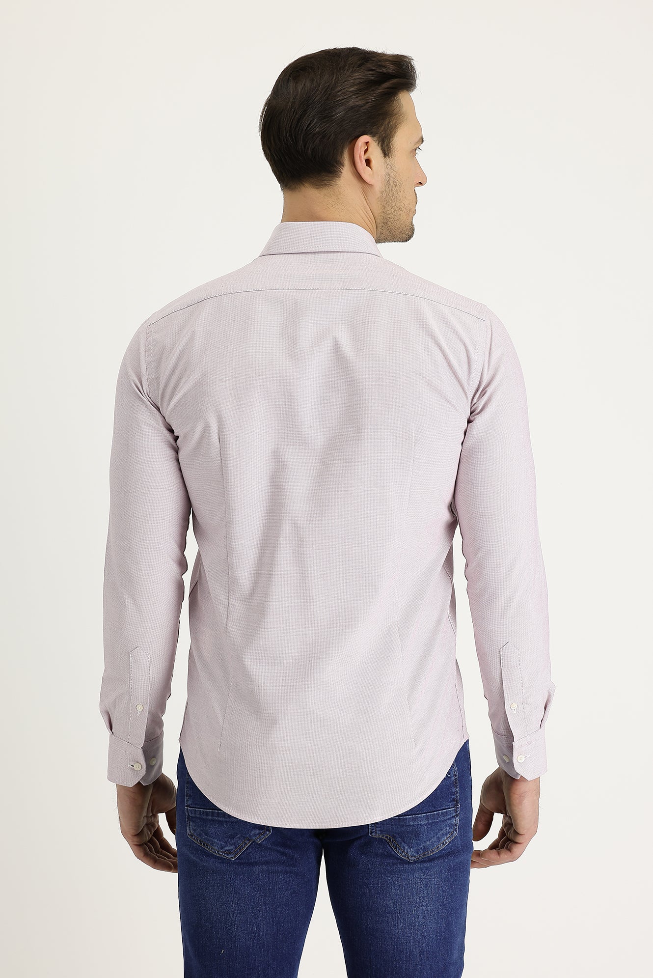 Açık Kırmızı Uzun Kol Slim Fit Dar Kesim Klasik Desenli Pamuklu Kolay Ütülenebilir Gömlek - Image 3