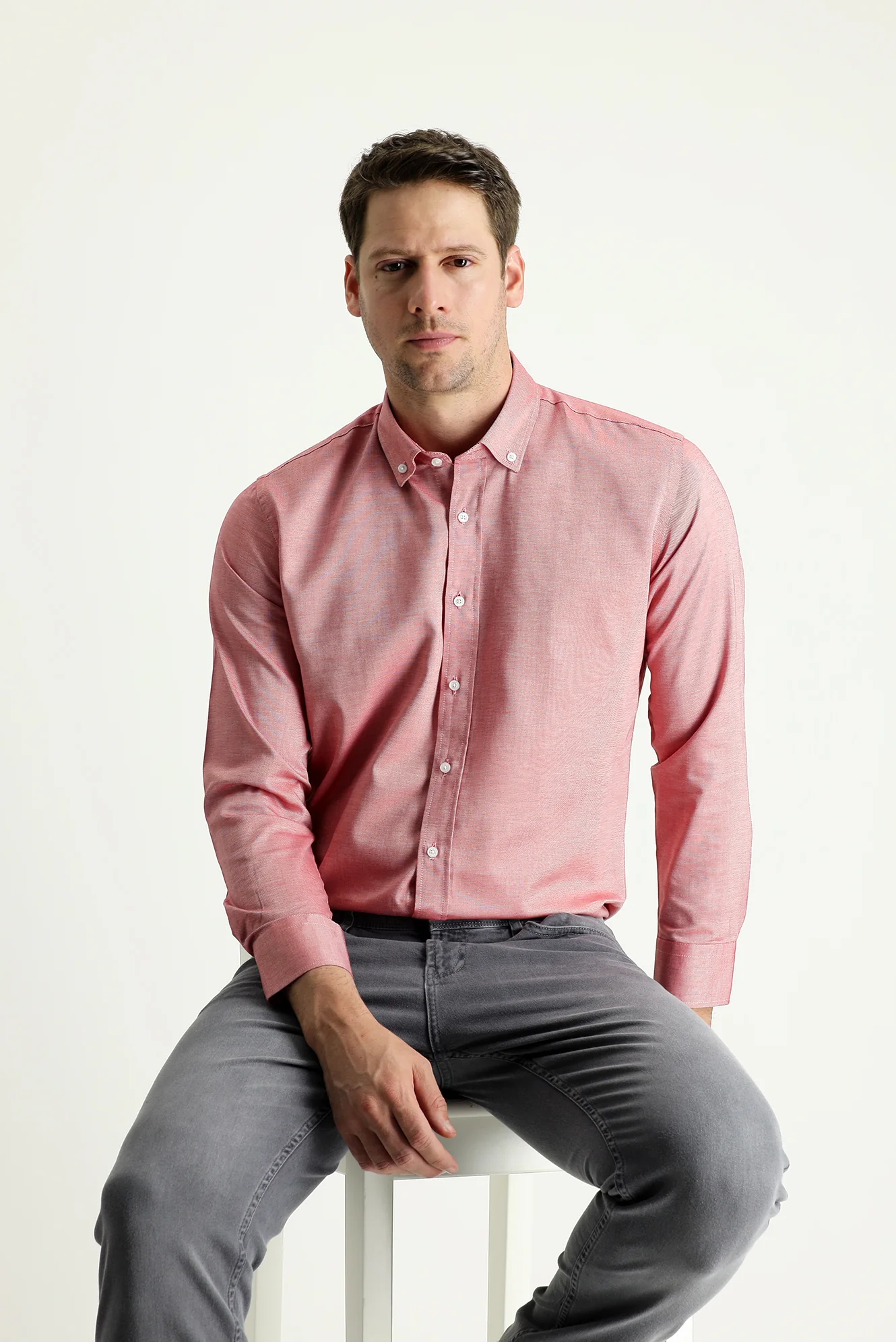 Açık Kırmızı Uzun Kol Slim Fit Dar Kesim Oxford Pamuk Düğmeli Yaka Gömlek