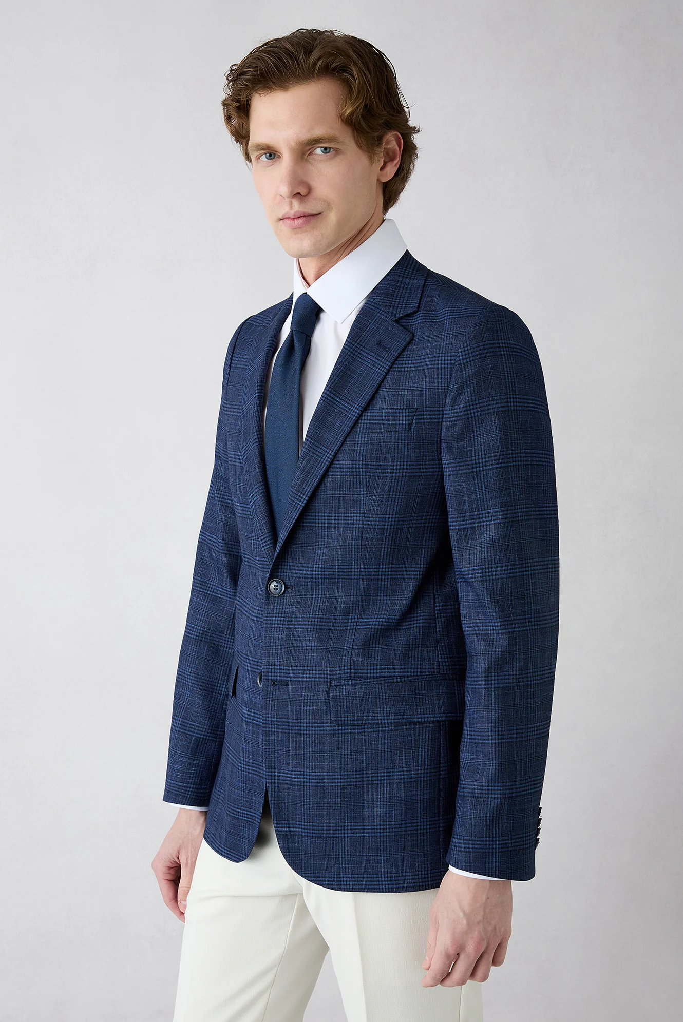 Açık Lacivert 6 Drop Regular Fit Standart Kesim Mono Yaka Klasik Ekose Ceket - Image 3