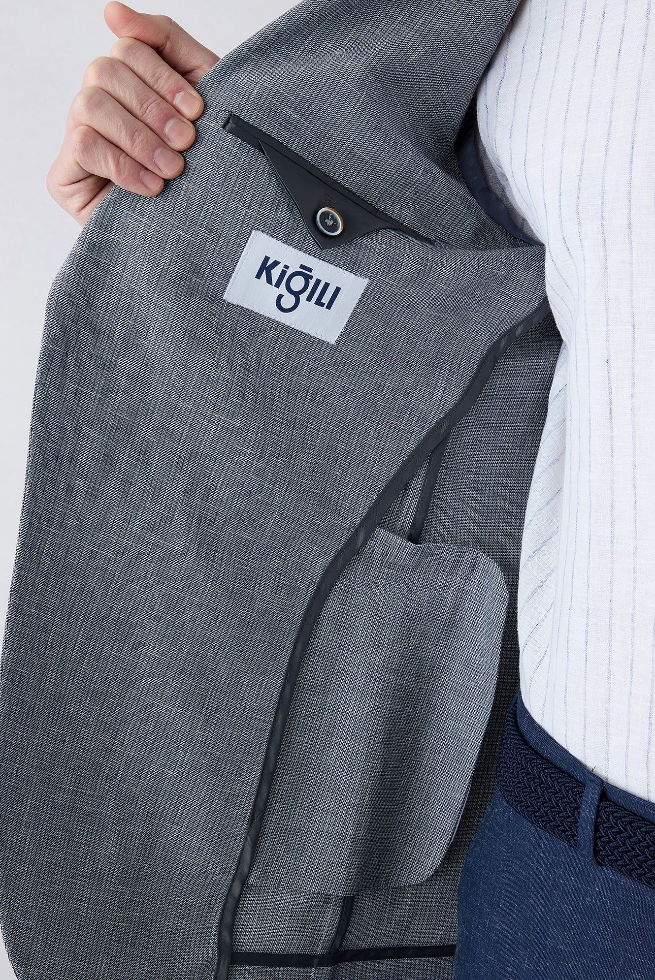 Açık Lacivert 6 Drop Regular Fit Standart Kesim Mono Yaka Desenli Klasik Keten Karışımlı Ceket - Image 4