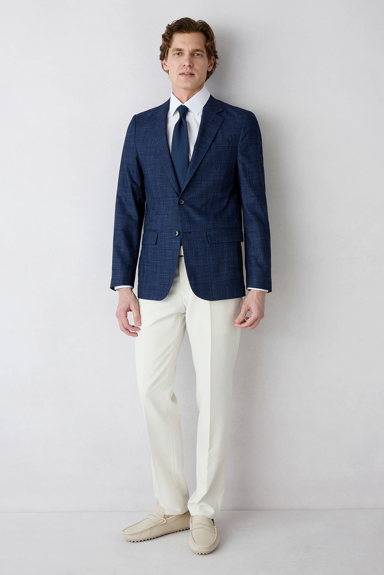 Açık Lacivert 7 Drop Slim Fit Dar Kesim Mono Yaka Klasik Ekose Ceket