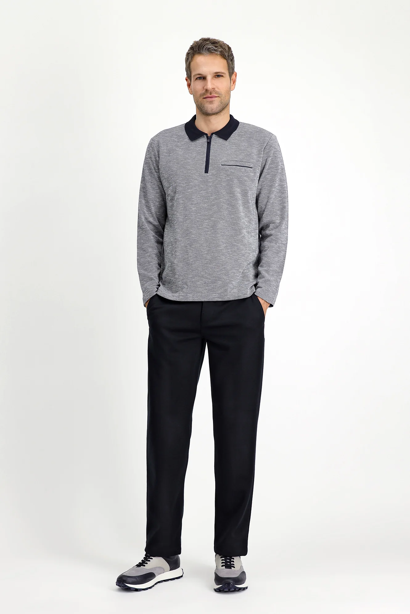Açık Lacivert Polo Yaka Regular Fit Desenli Fermuarlı Pamuklu Sweatshirt - Image 2