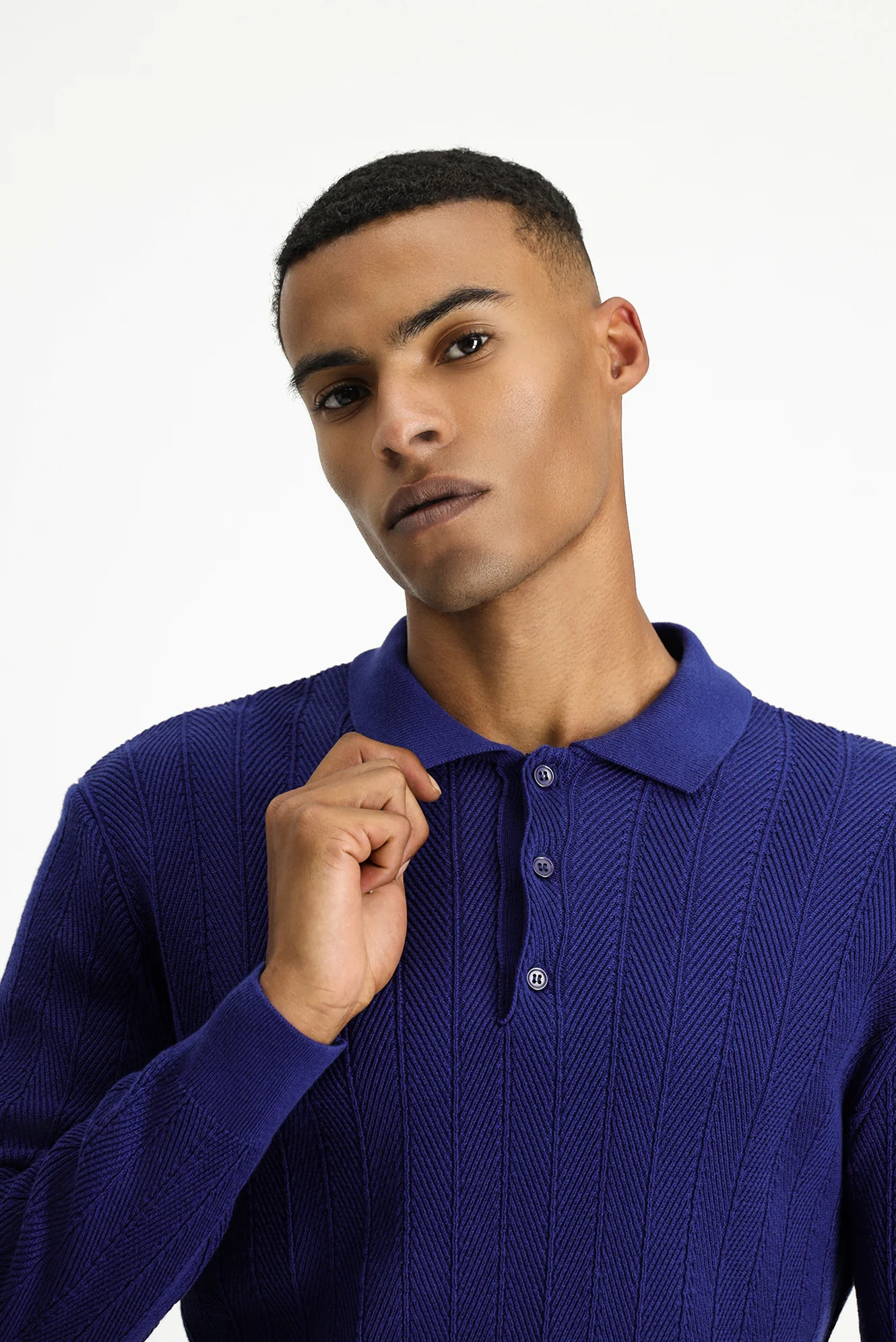 Açık Lacivert Polo Yaka Düğmeli Slim Fit Desenli Pamuklu Triko Kazak - Image 2