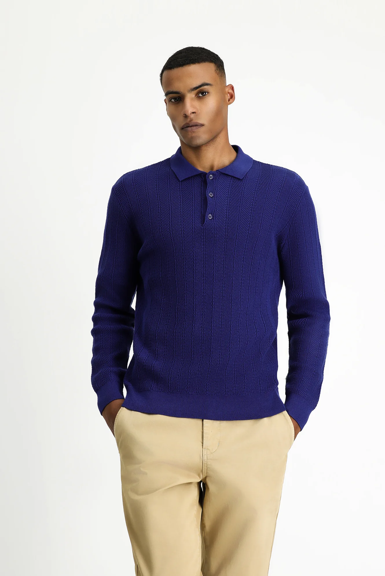 Açık Lacivert Polo Yaka Düğmeli Slim Fit Desenli Pamuklu Triko Kazak - Image 3