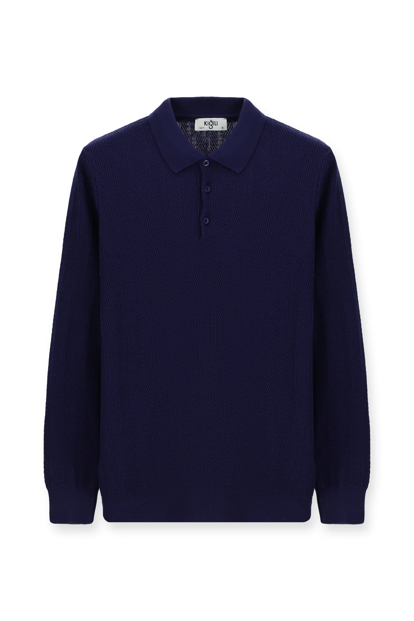 Açık Lacivert Polo Yaka Düğmeli Slim Fit Desenli Pamuklu Triko Kazak - Image 7