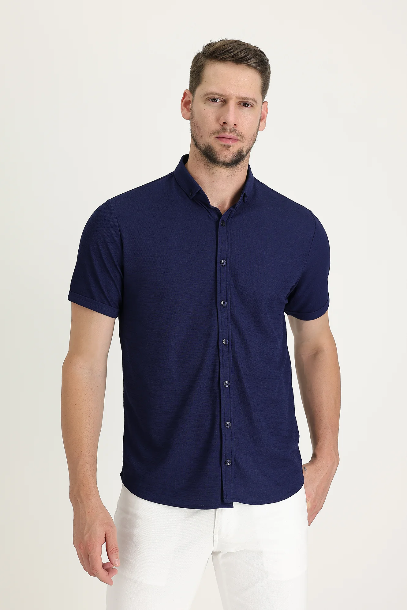 Açık Lacivert Polo Yaka Regular Fit Düğmeli Tişört - Image 2