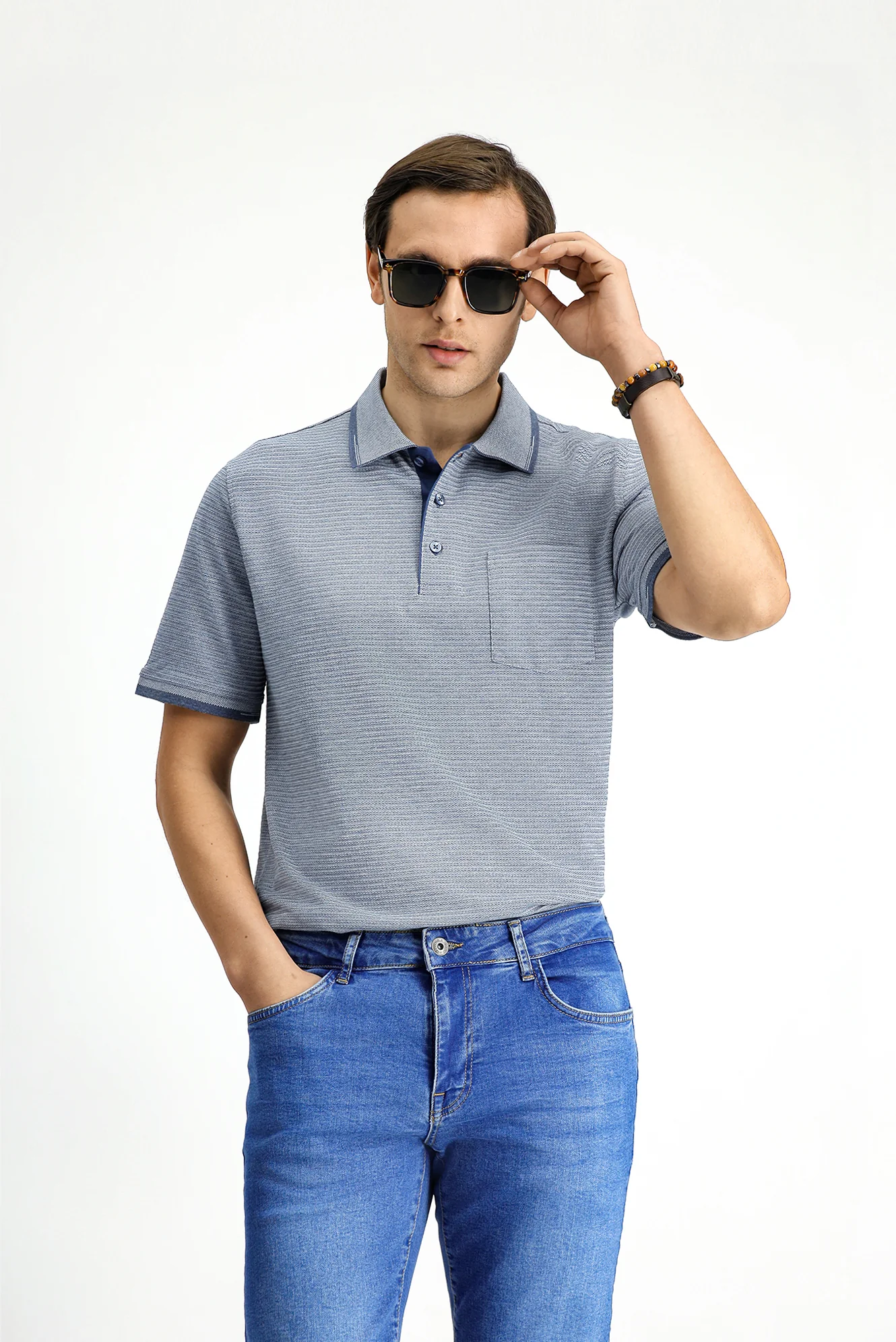 Açık Lacivert Regular Fit Desenli Likralı Cepli Polo Yaka Tişört