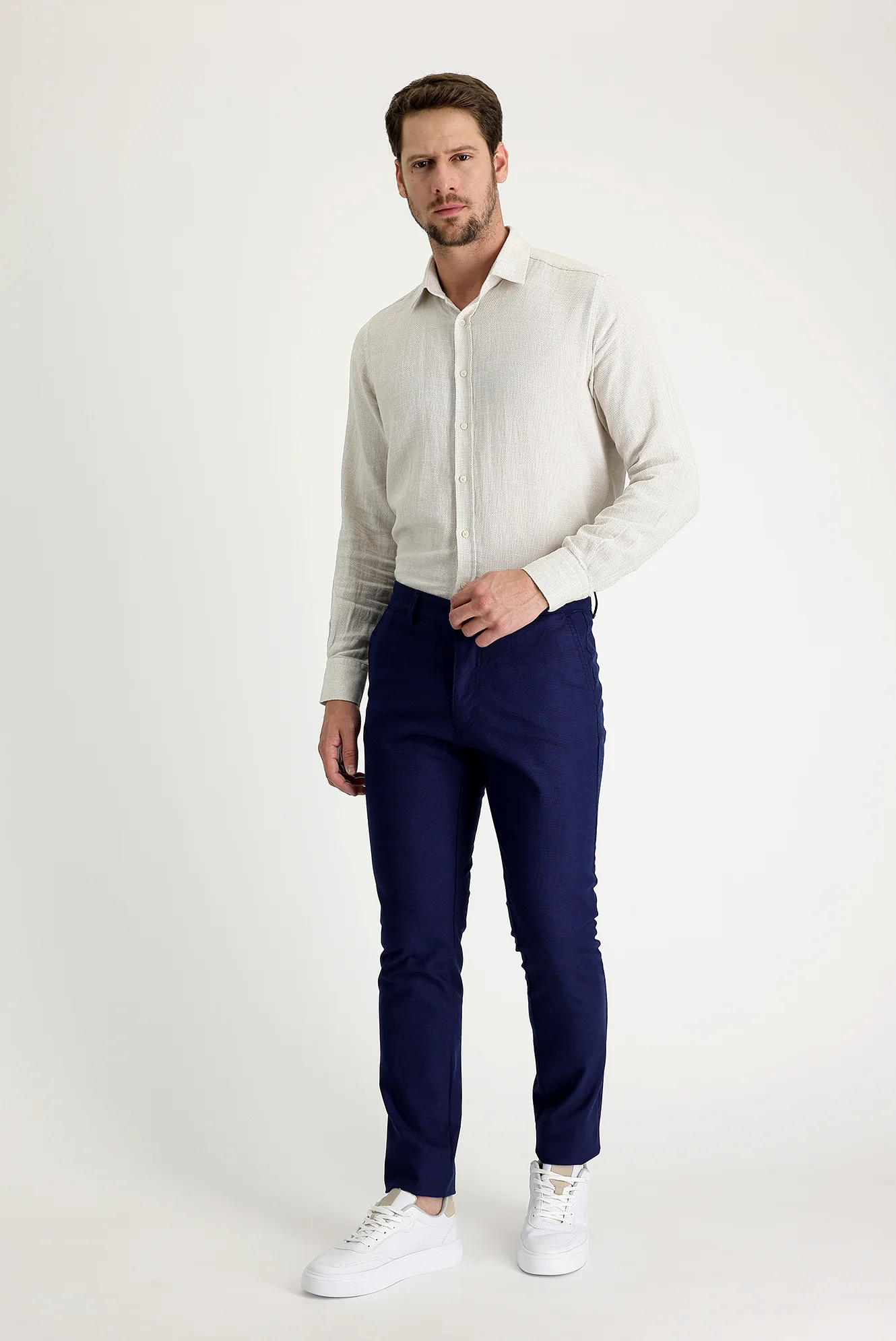 Açık Lacivert Regular Fit Standart Kesim Desenli Likralı Kanvas / Chino Pantolon