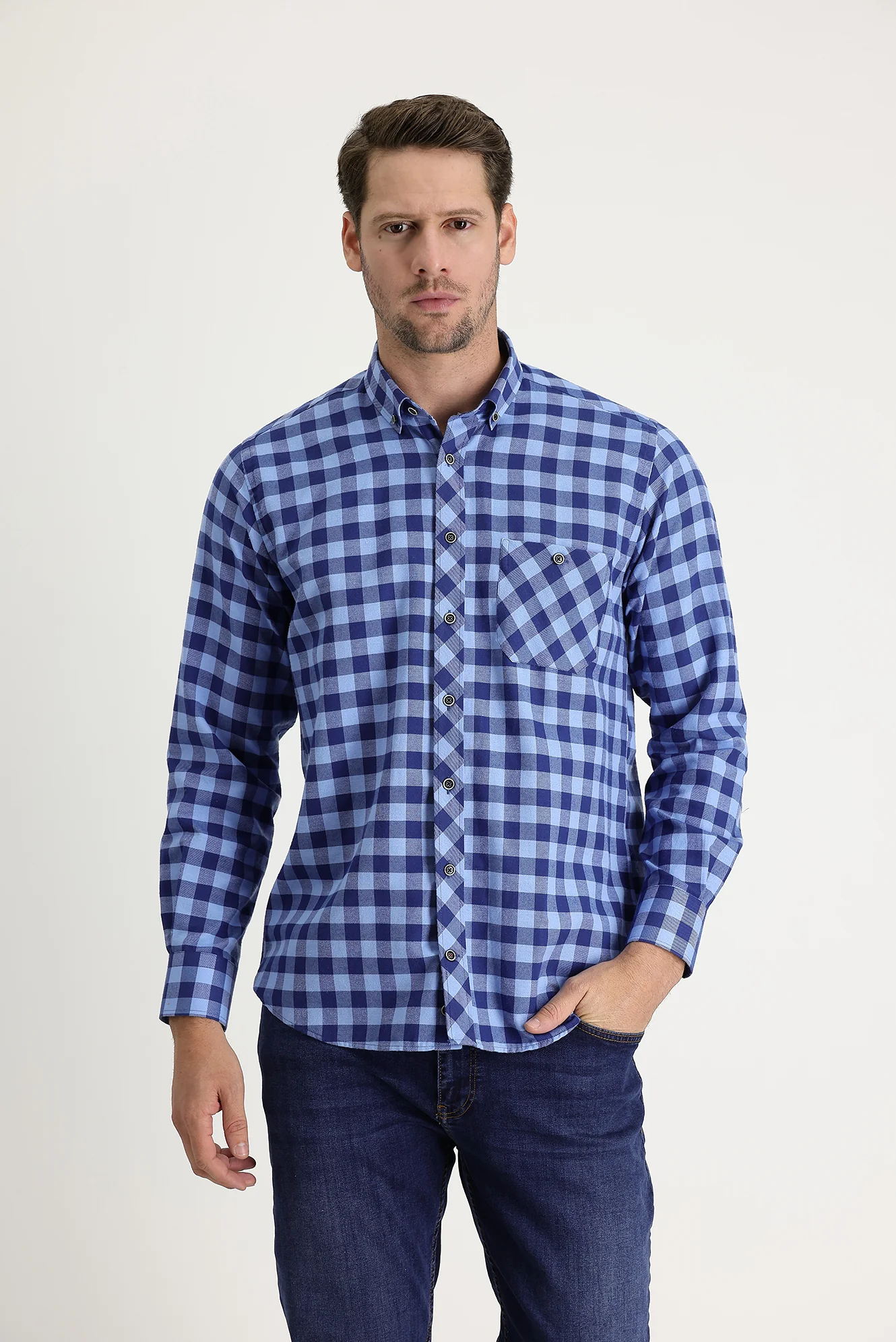 Açık Lacivert Regular Fit Ekose Shacket Pamuk Gömlek - Image 2