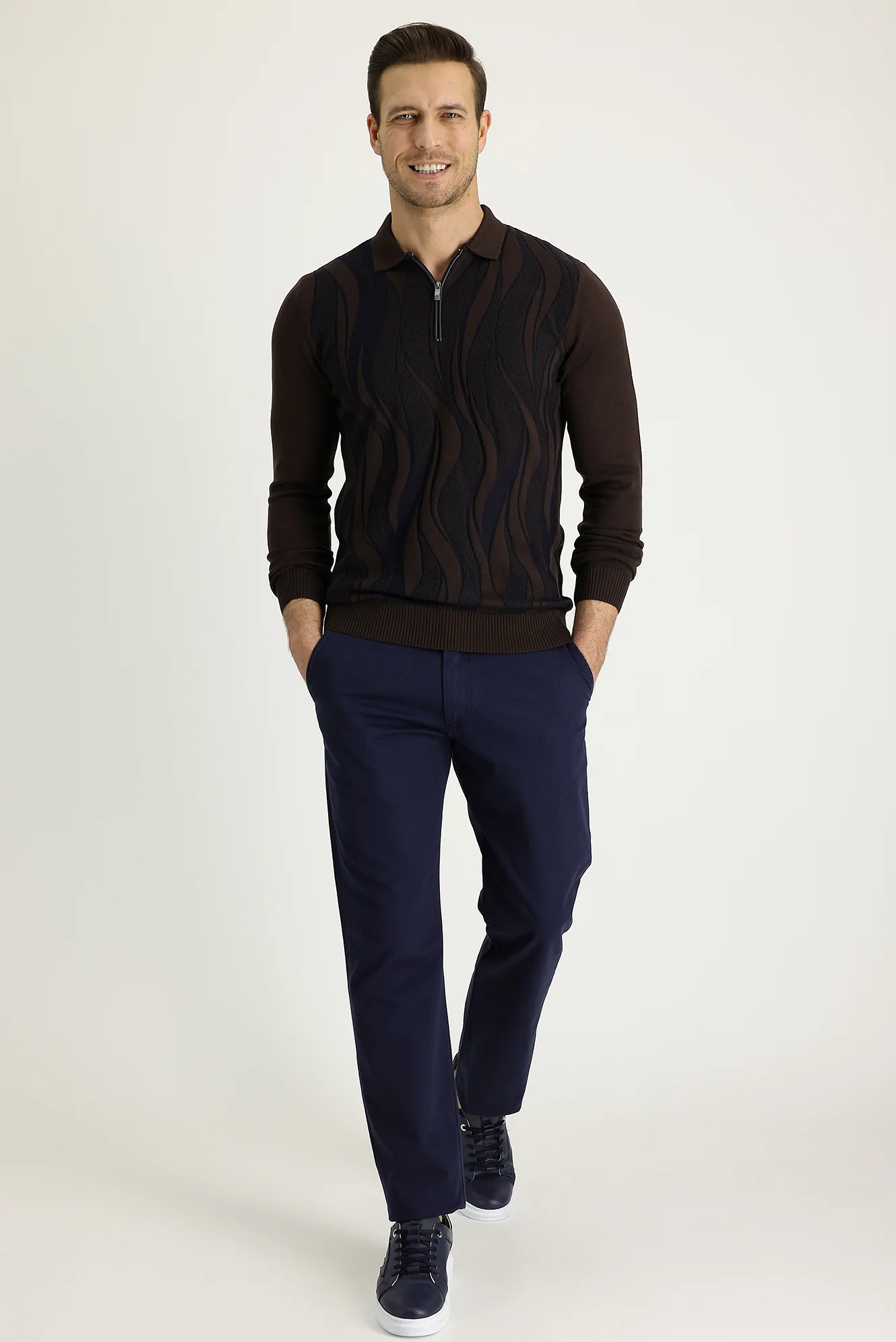 Açık Lacivert Relaxed Fit Rahat Kesim Desenli Likralı Kanvas / Chino Pantolon