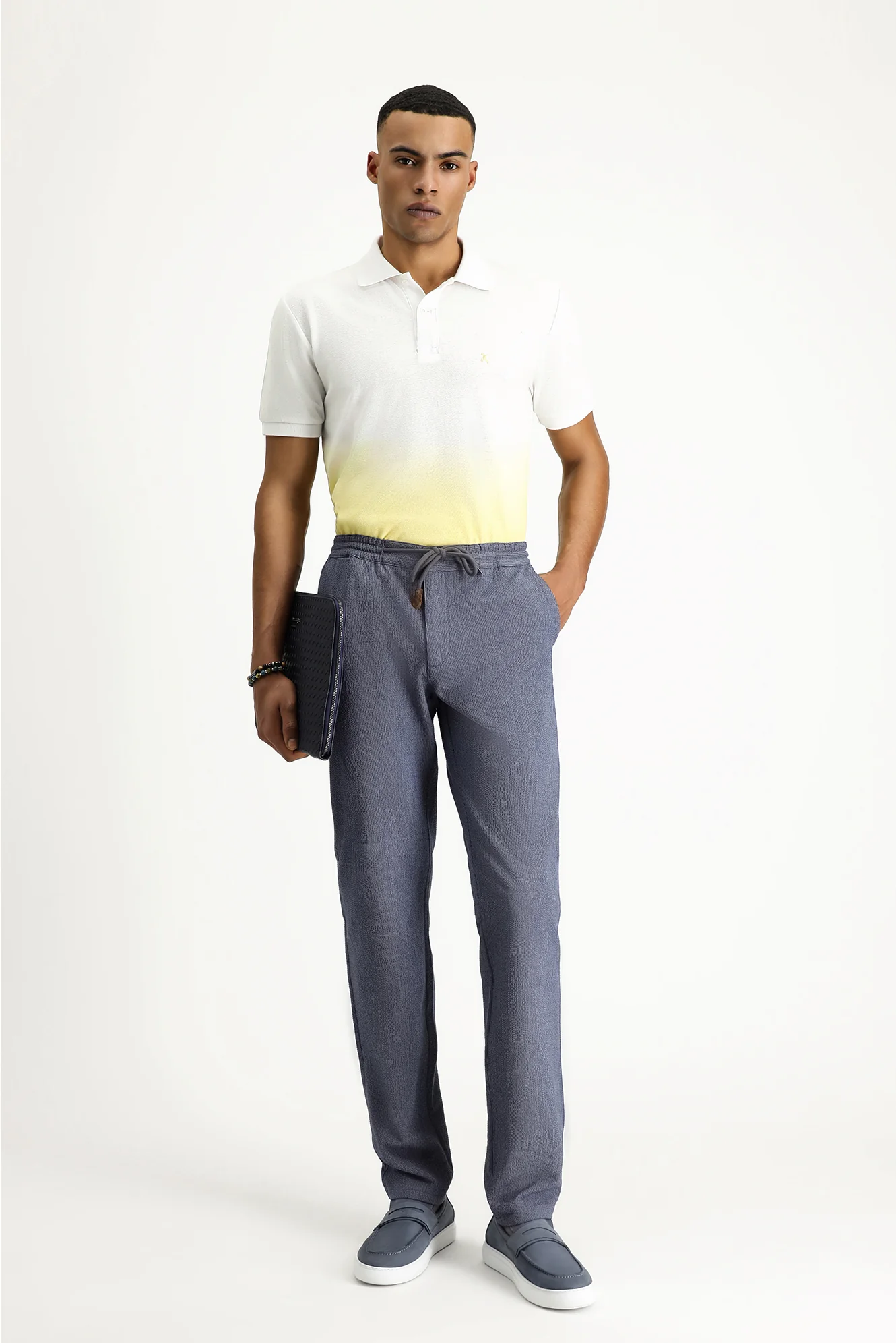Açık Lacivert Slim Fit Dar Kesim Beli Lastikli İpli Desenli Likralı Pantolon - Image 2