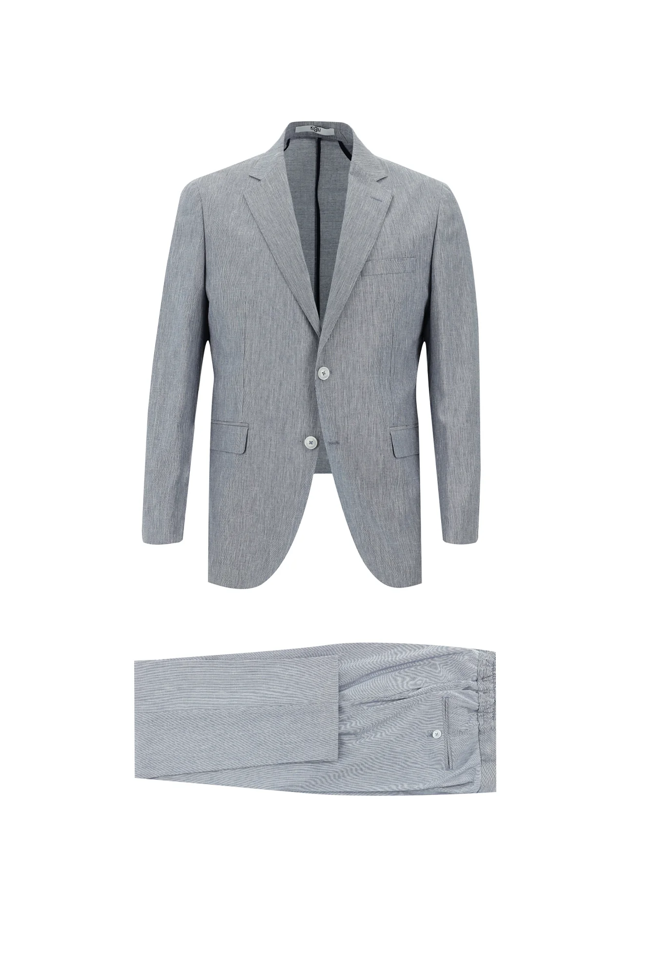 Açık Lacivert 7 Drop Slim Fit Dar Kesim Beli Lastikli İpli Desenli Pamuklu Keten Karışımlı Takım Elbise