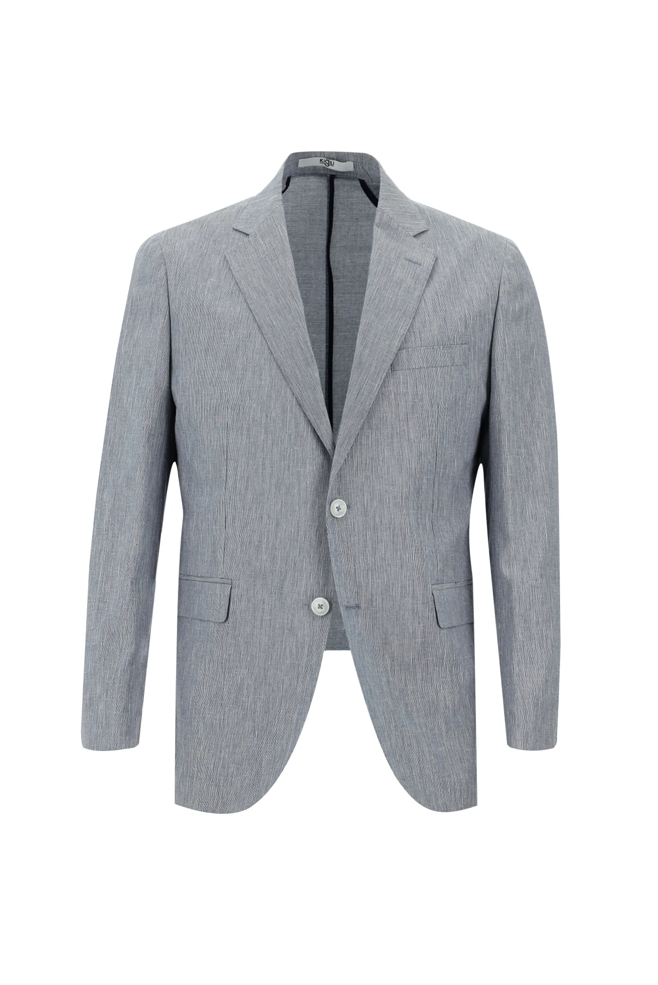 Açık Lacivert 7 Drop Slim Fit Dar Kesim Beli Lastikli İpli Desenli Pamuklu Keten Karışımlı Takım Elbise - Image 2