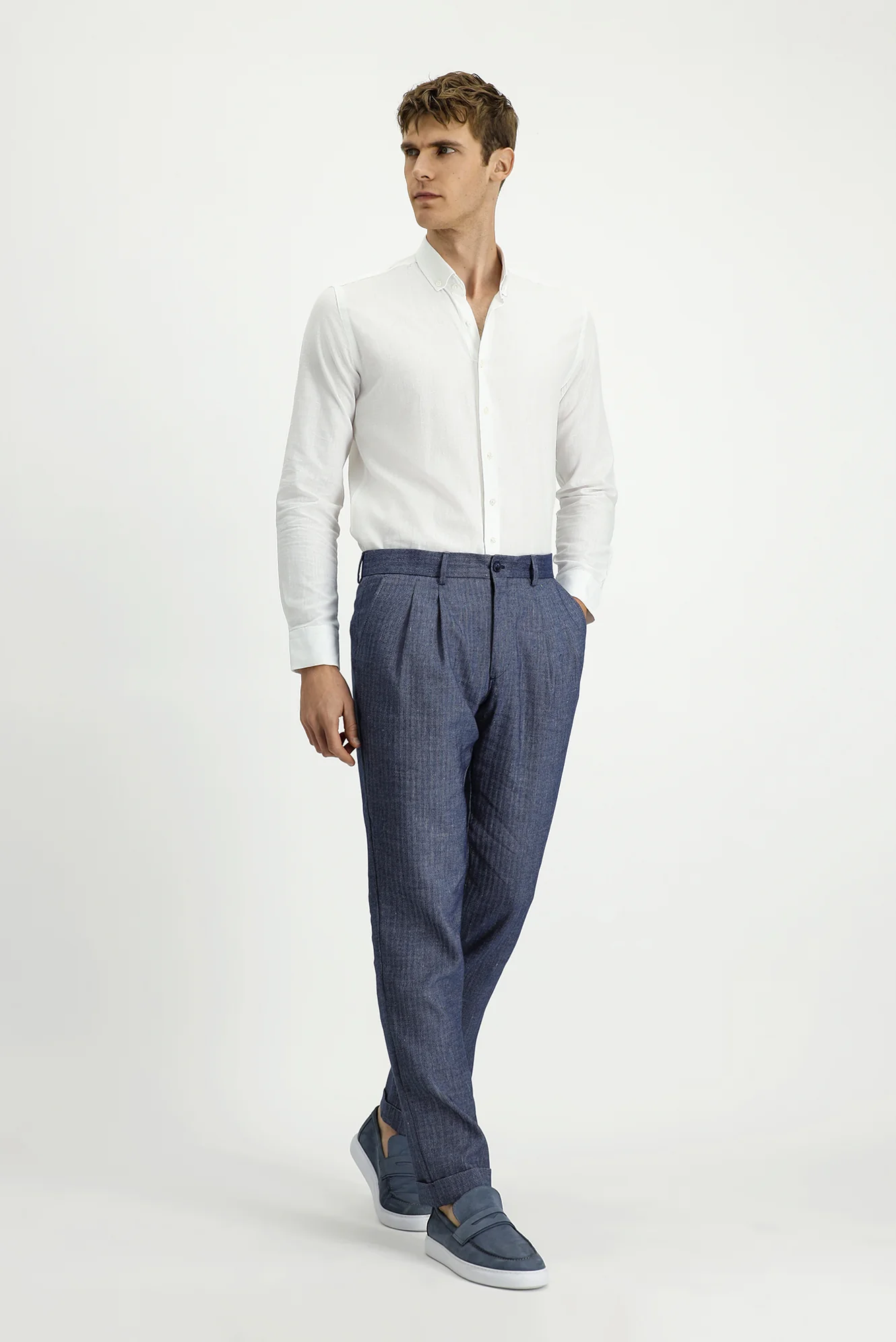 Açık Lacivert 7 Drop Slim Fit Dar Kesim Desenli Keten Karışımlı Pileli Klasik Kumaş Pantolon - Image 2