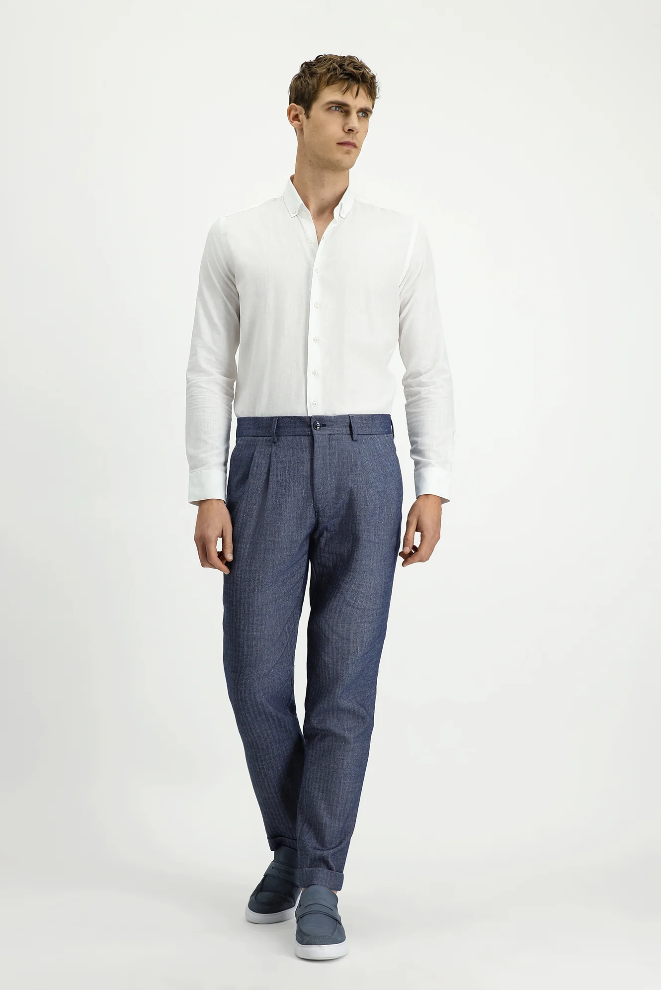 Açık Lacivert 7 Drop Slim Fit Dar Kesim Desenli Keten Karışımlı Pileli Klasik Kumaş Pantolon - Image 3