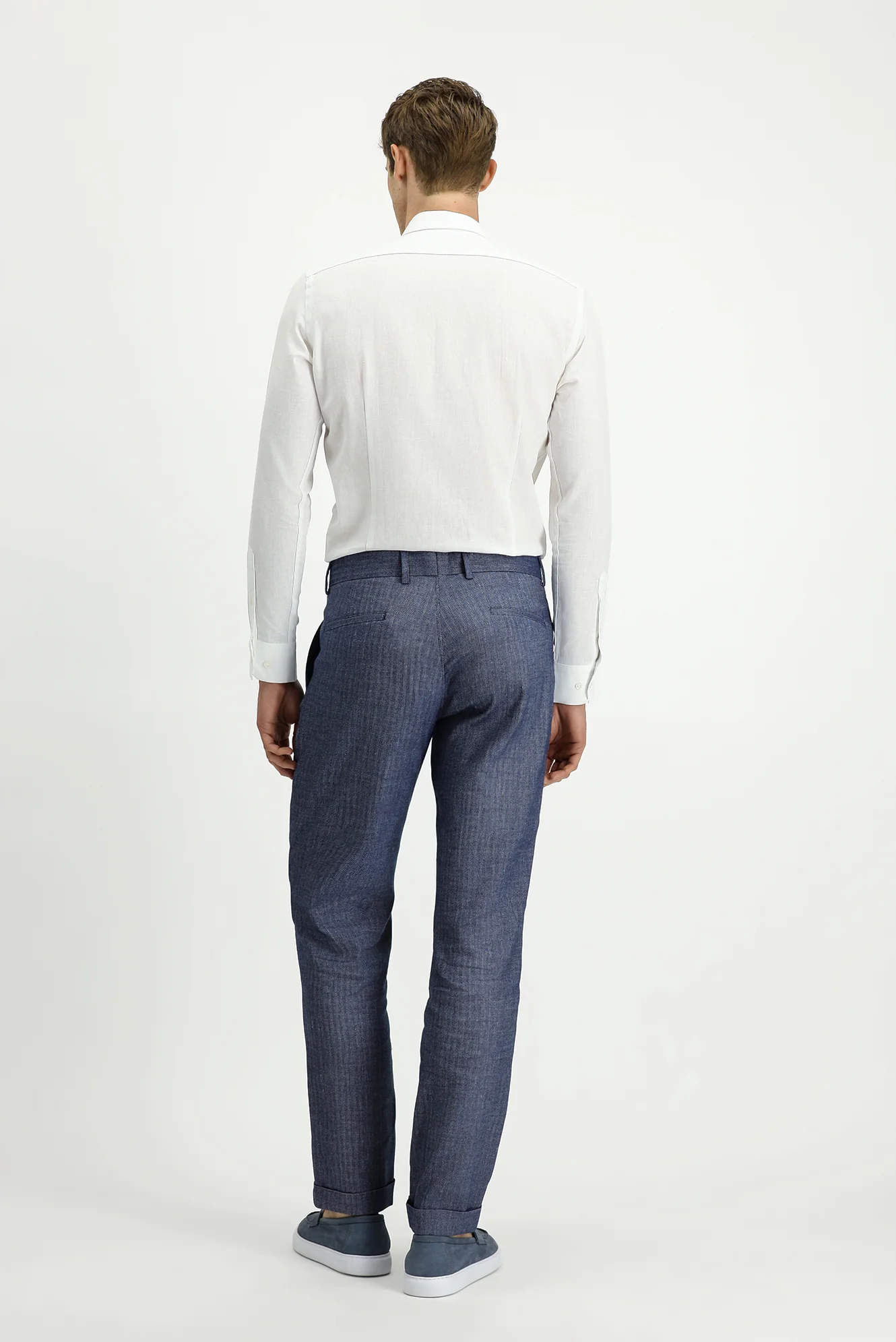 Açık Lacivert 7 Drop Slim Fit Dar Kesim Desenli Keten Karışımlı Pileli Klasik Kumaş Pantolon - Image 4
