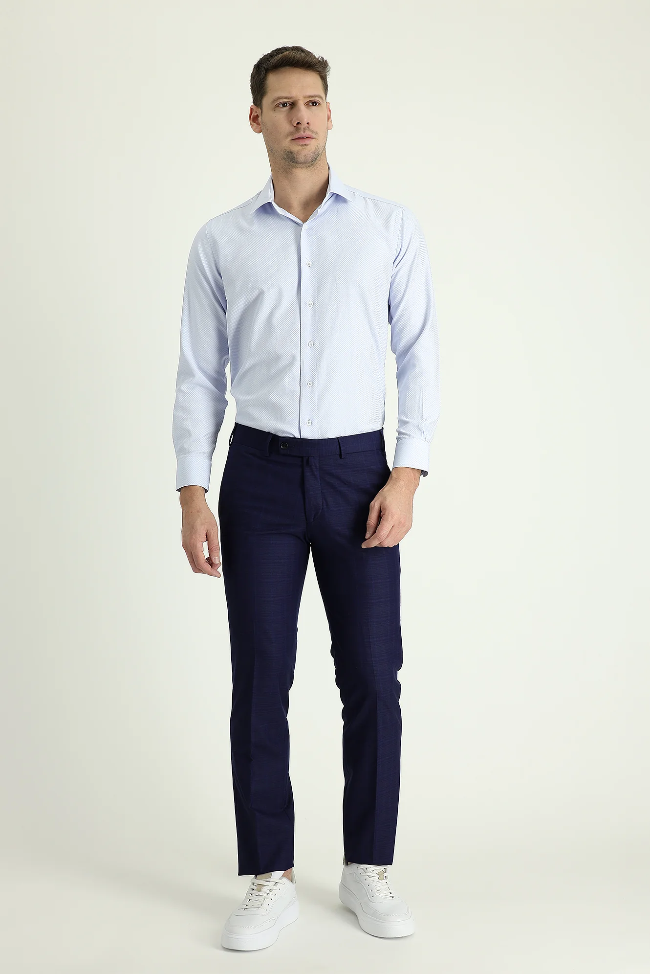 Açık Lacivert 7 Drop Slim Fit Dar Kesim Klasik Desenli Kumaş Pantolon