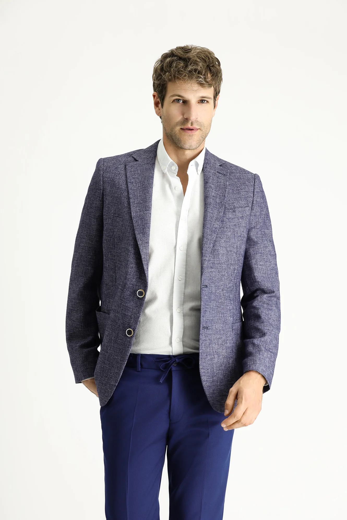 Açık Lacivert 7 Drop Slim Fit Dar Kesim Desenli Spor Keten Karışımlı Ceket