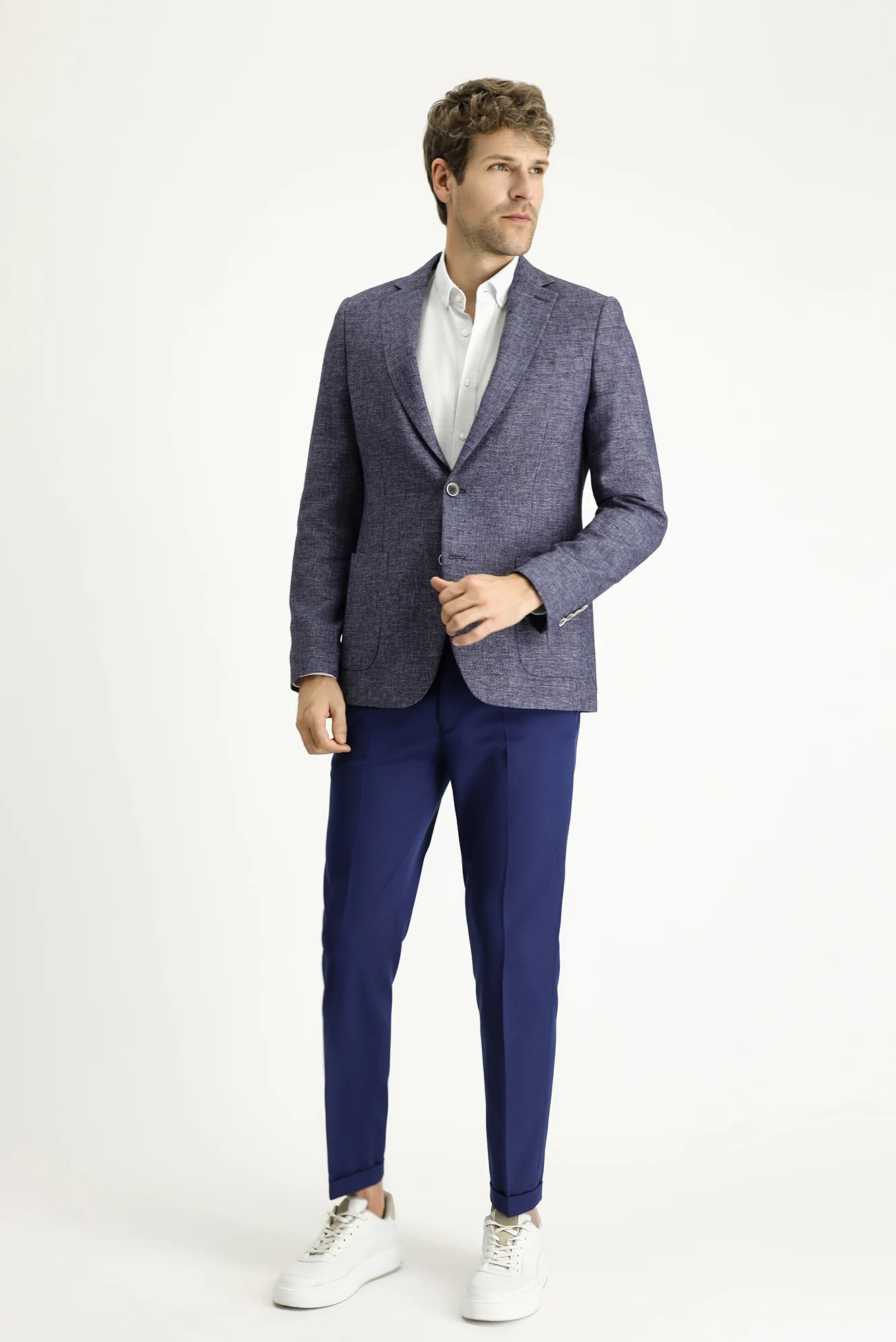 Açık Lacivert 7 Drop Slim Fit Dar Kesim Desenli Spor Keten Karışımlı Ceket - Image 2