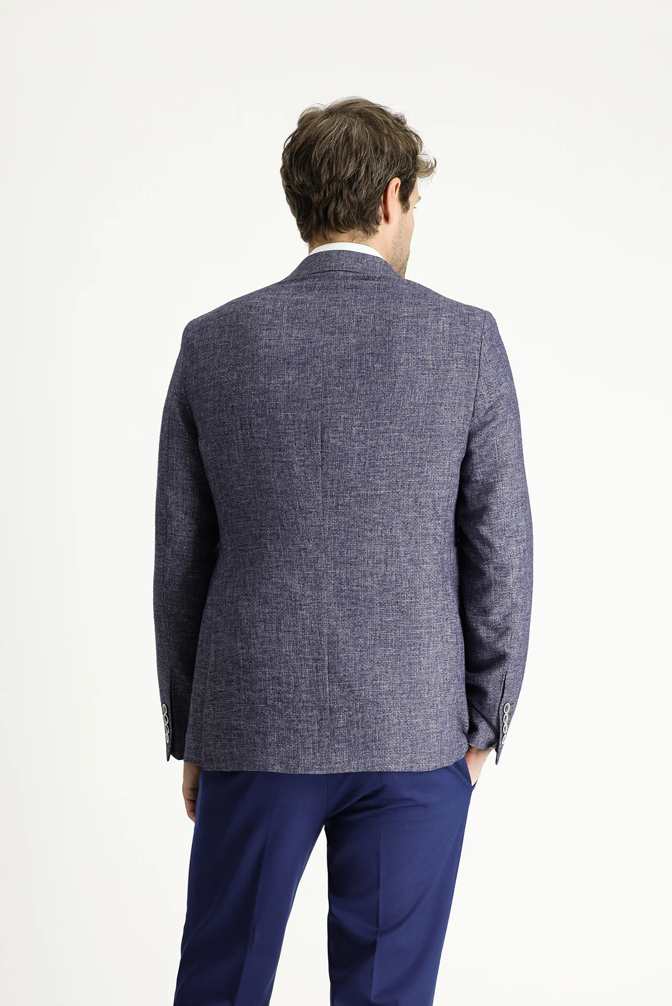 Açık Lacivert 7 Drop Slim Fit Dar Kesim Desenli Spor Keten Karışımlı Ceket - Image 4