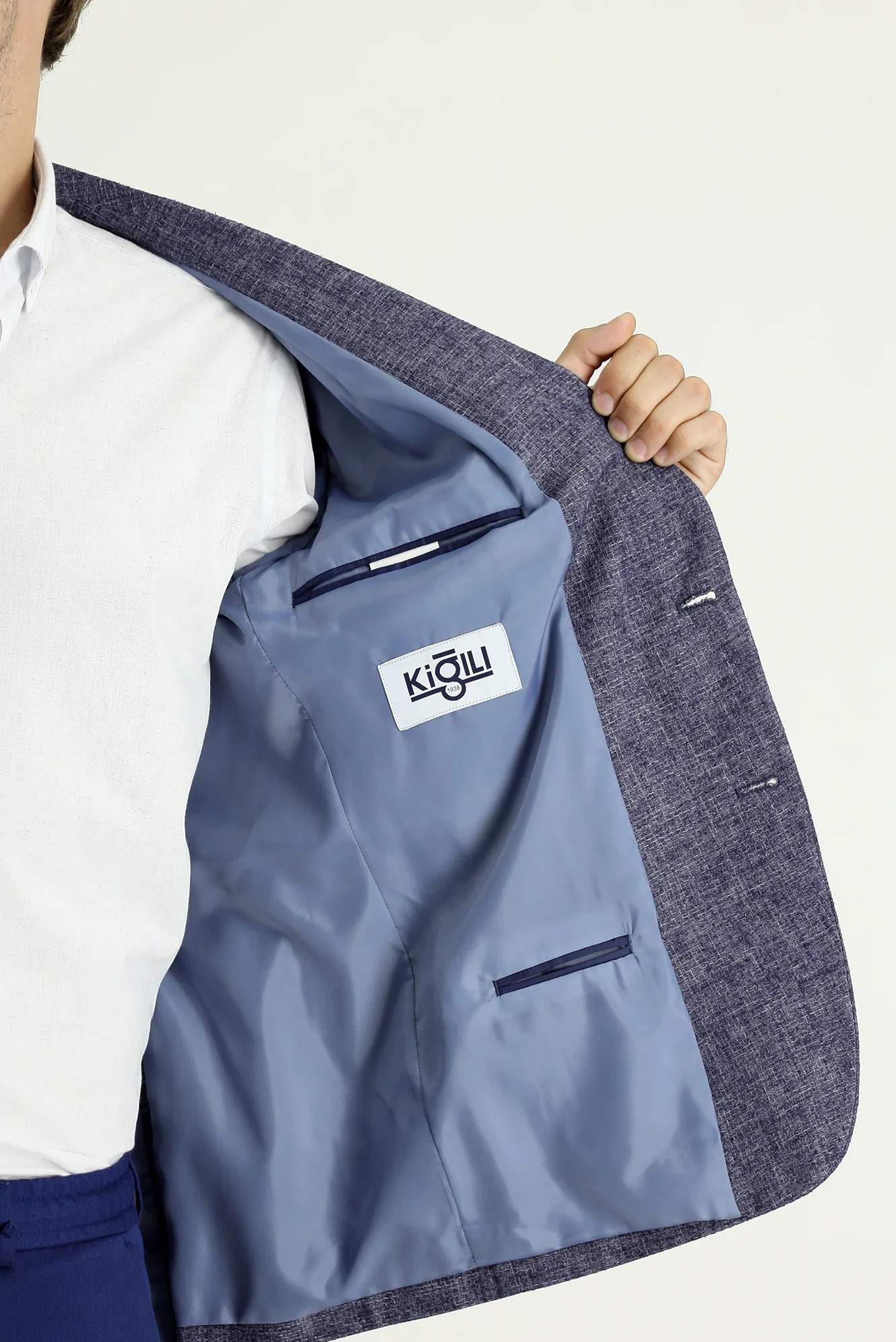 Açık Lacivert 7 Drop Slim Fit Dar Kesim Desenli Spor Keten Karışımlı Ceket - Image 5